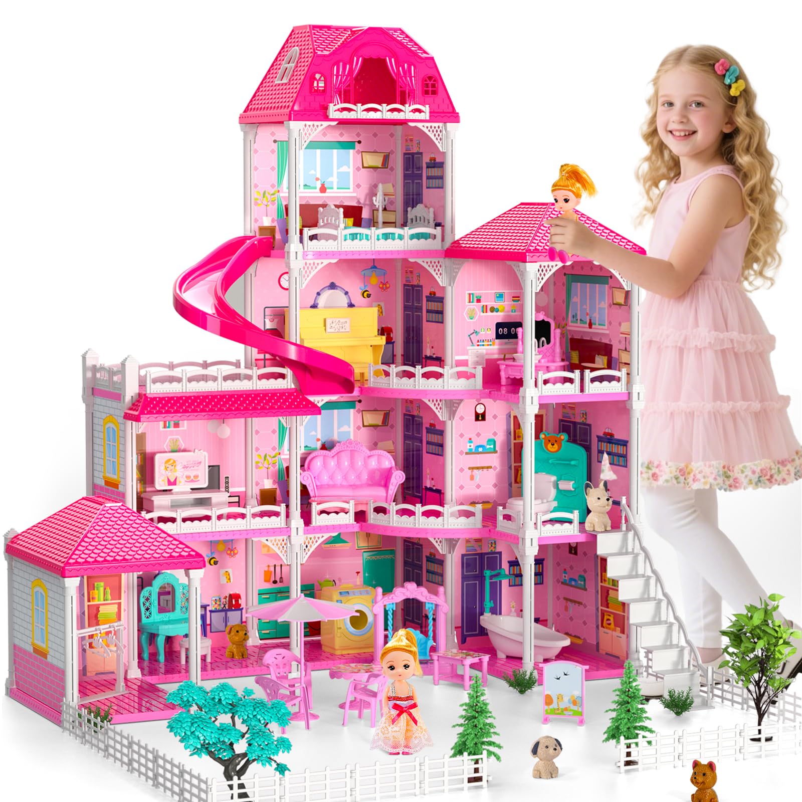 DIY Dolls House for Girls - 4-Level 10-Room Villa with 2 Dolls, 4 Dogs & Rich Accessories, DollsHouse Toys for Kids 4-8 Years Old