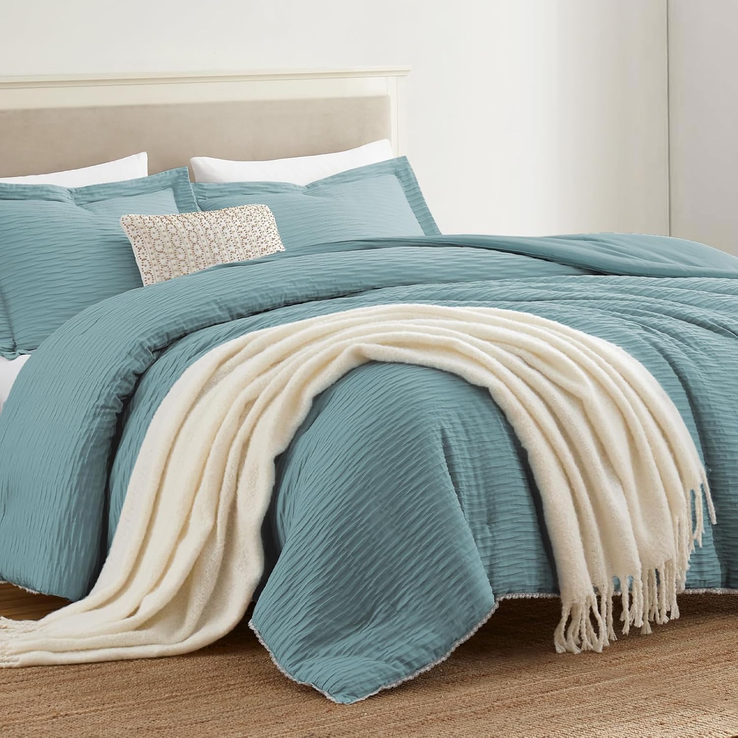 Homelike Moment Twin Comforter Set Teal Blue, Lightweight Warm Jacquard Bed Sets