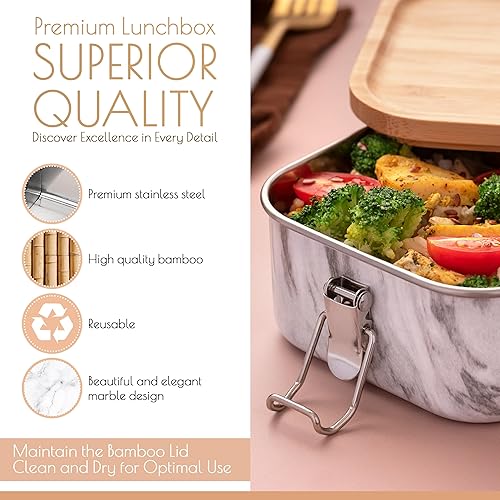 Miniatura 4 de terravu Lonchera de acero inoxidable, contenedor Bento de 27 onzas con tapa de bambú para sándwich, ensalada, frutas, aperitivos, lonchera de metal