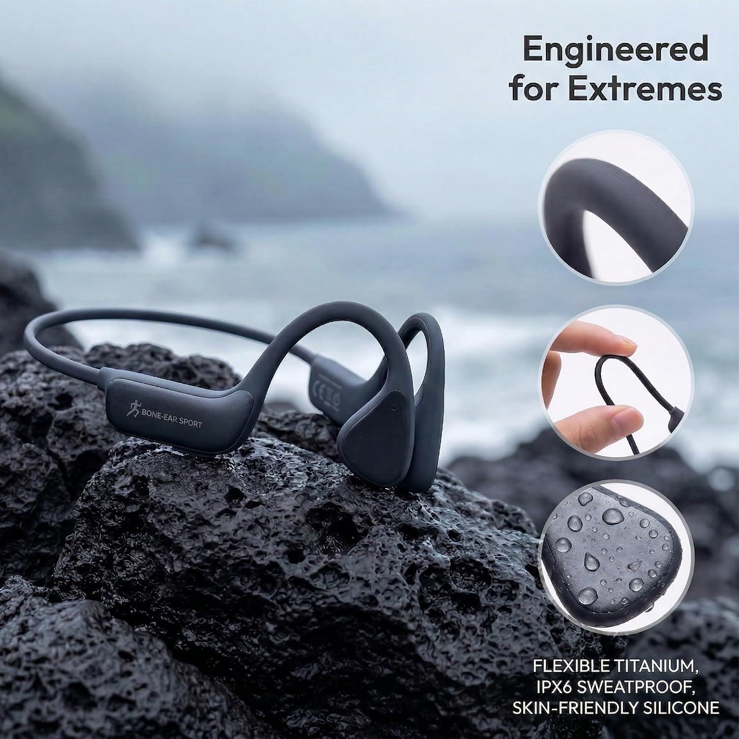 Bone Conduction Headphones, Bluetooth 5.4 Open-Ear Wireless Sports Earphones with Mic, 12H Playtime, IPX6 Sweatproof Premium Headset for Running, Cycling, Workouts (Black)