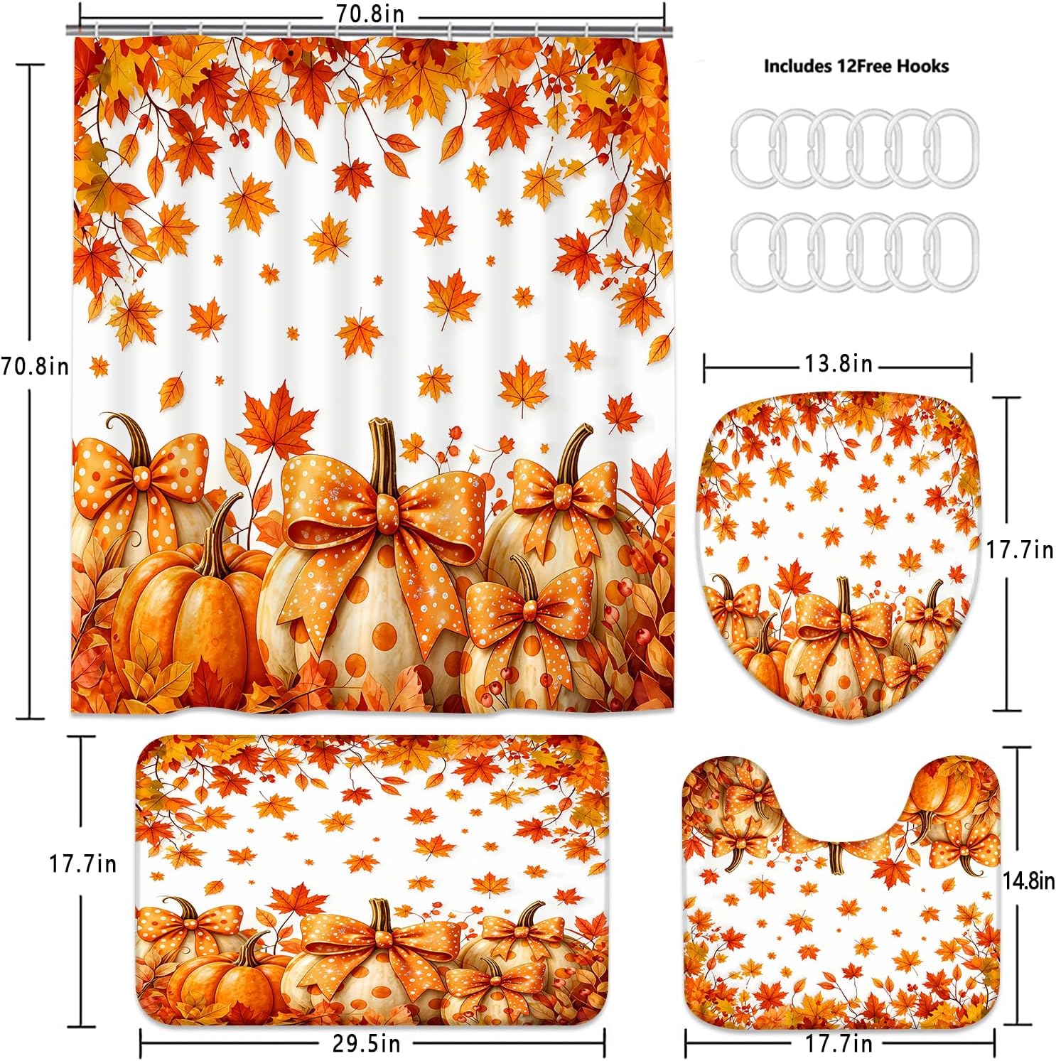 AZHM 4 Pcs Thanksgiving Polka-Dot Pumpkin Shower Curtain Set for Bathroom image 4