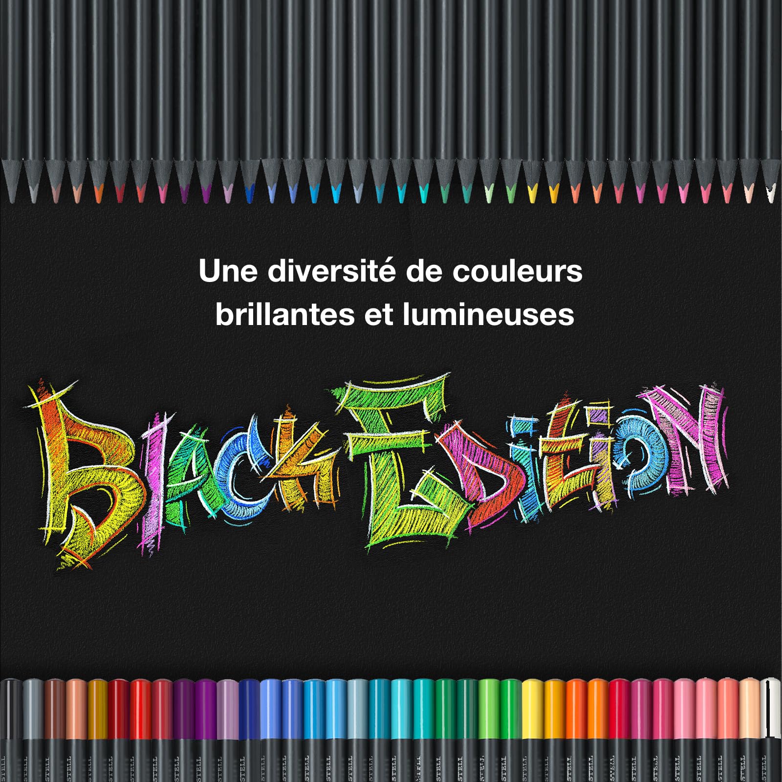 Faber-Castell 116450 Black Edition Boîte de 50 Crayons de Couleur Vibrants, Résistants à la Rupture et Prise en Main Ergonomique, Crayon de Couleurs Colorier sur Papier Clair et Foncé
