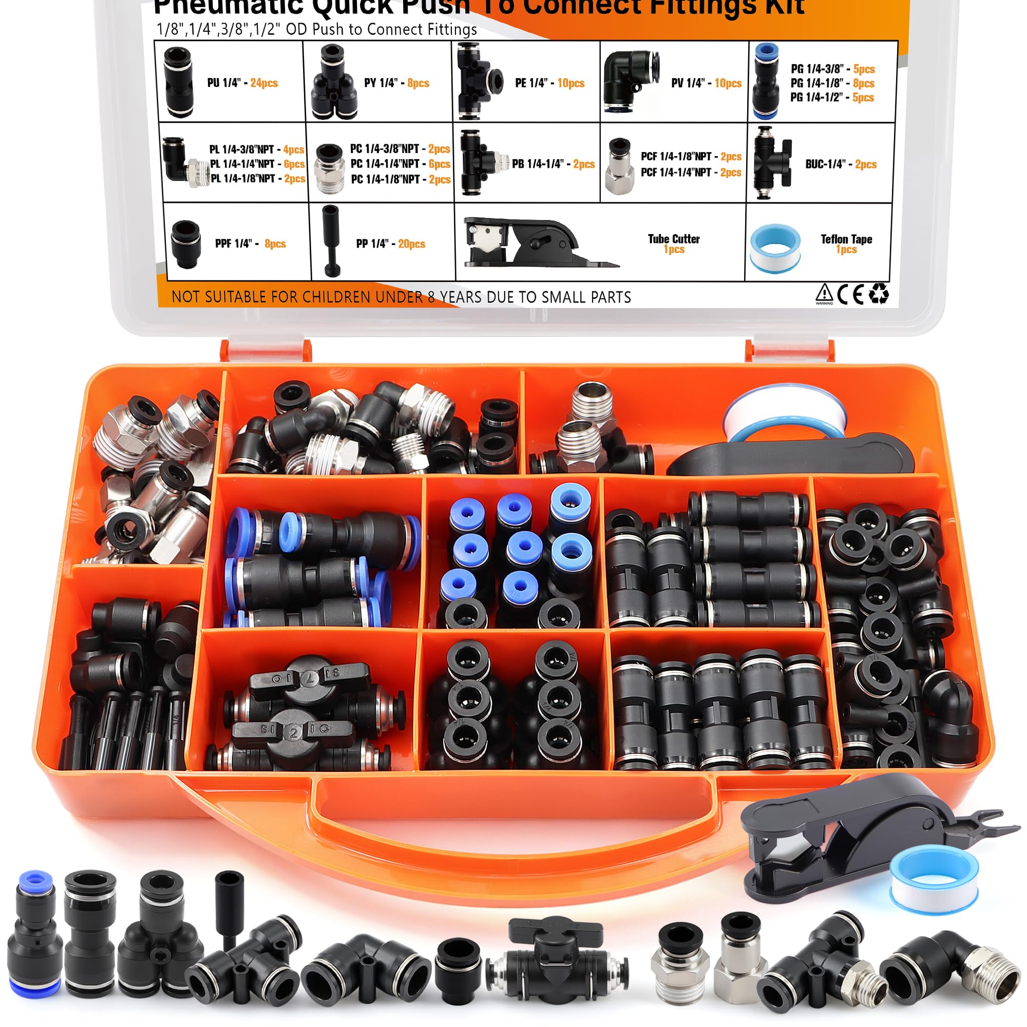 130Pcs 1/4" Push to Connect Fittings Kit,Quick Connect Pneumatic Fittings