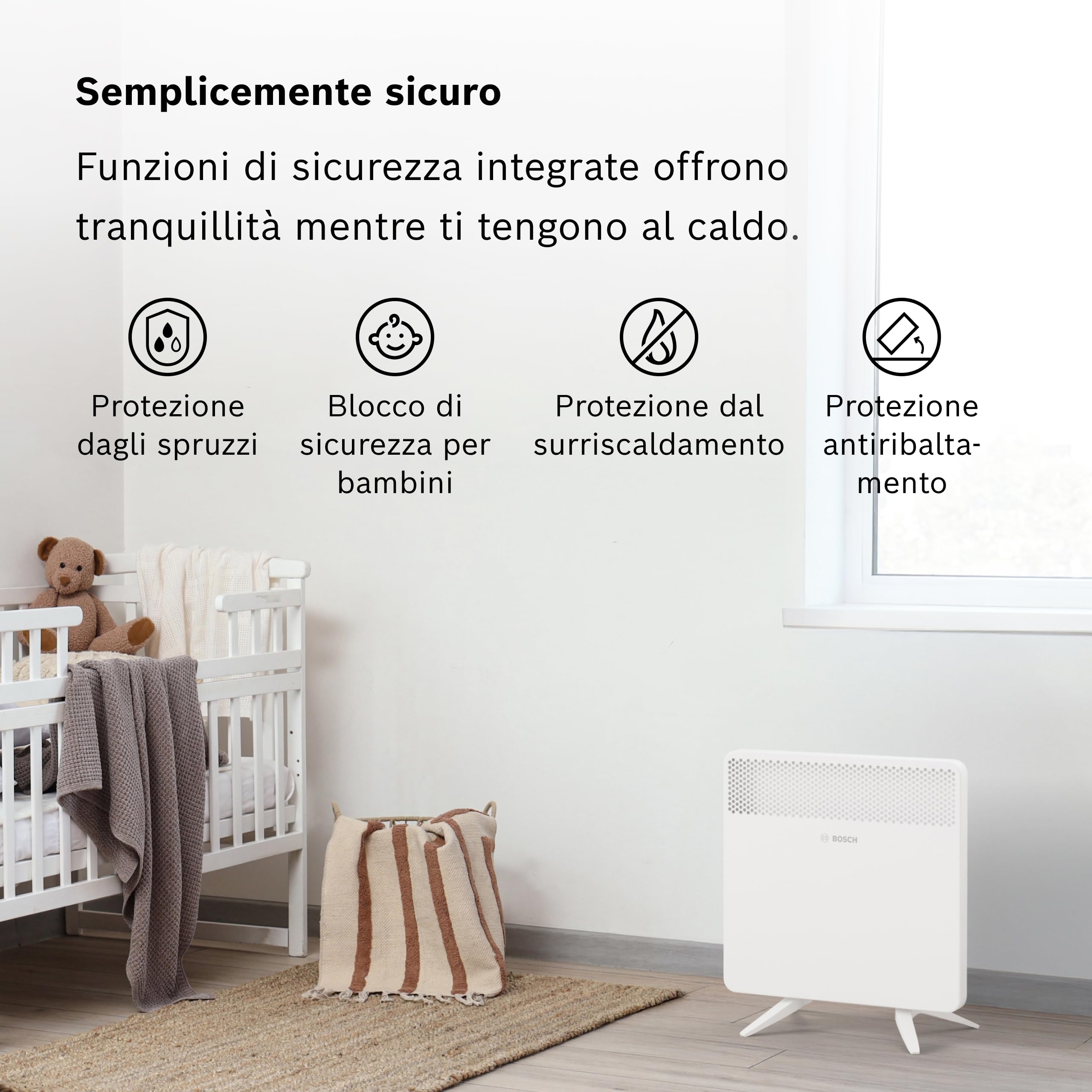 Bosch Heat Convector 4000-10 Convettore elettrico, 1000 W | Per Ambienti fino a 10 m², Riscaldamento Elettrico con Display LED, Programma Settimanale, Protezione Spruzzi d'Acqua