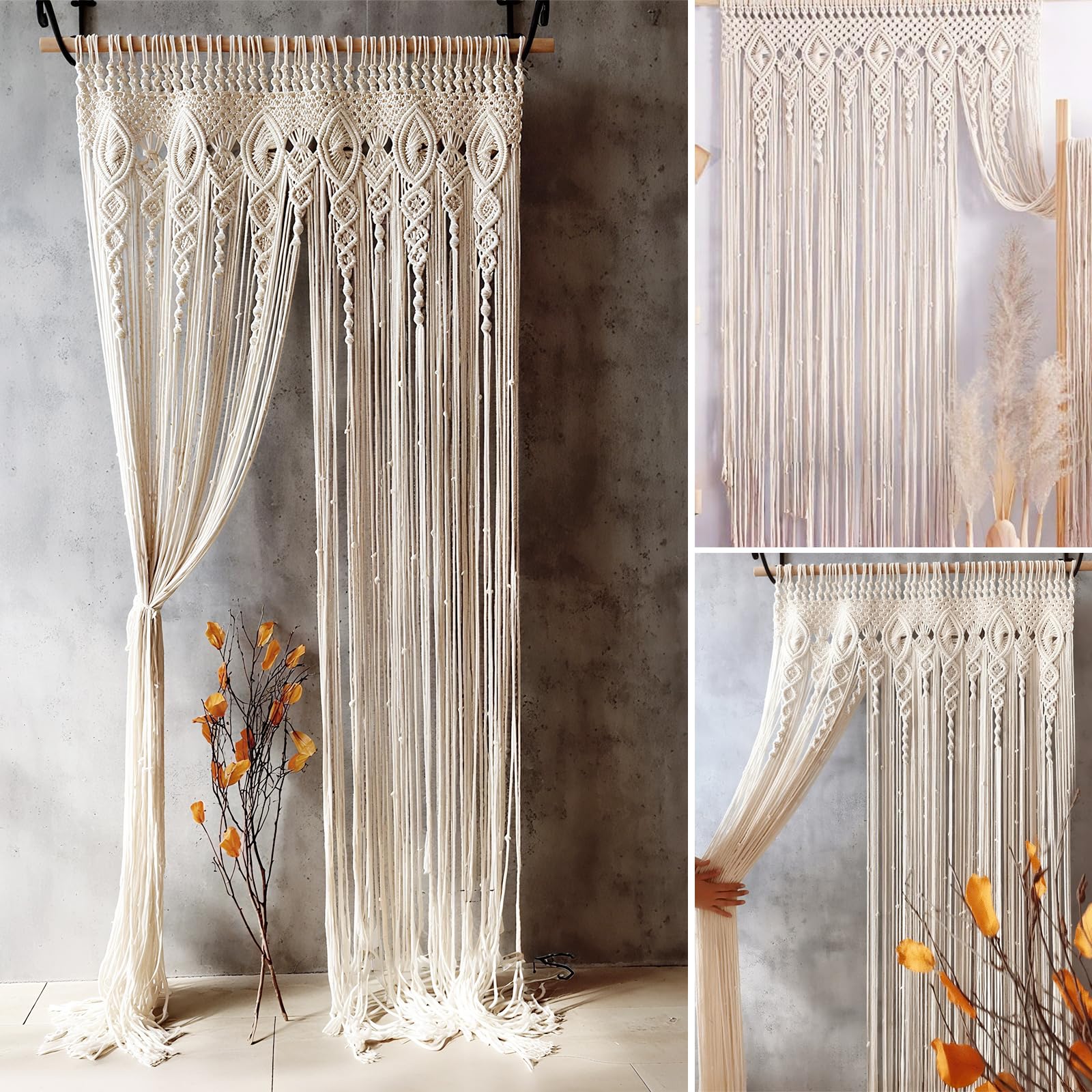 Makramee Vorhang Tür, Boho Türvorhang, ‌Handgewebte Makramee Wandteppich, Fadenvorhang für Raumteiler Hochzeit Hintergrund Inneneinrichtung (100 * 200cm)