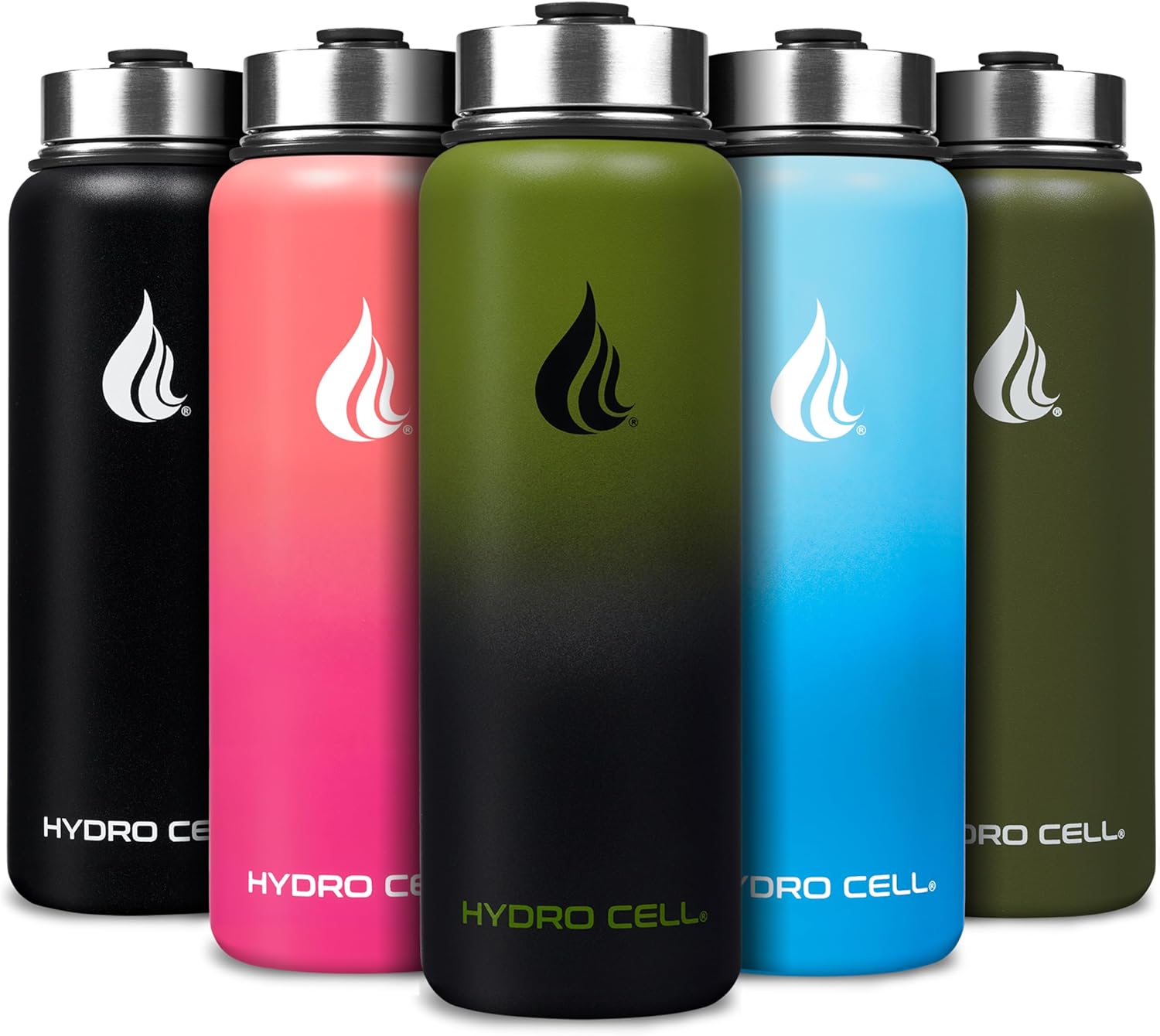 HYDRO CELL Stainless Steel Insulated Water Bottle with Straw – For Cold & Hot Drinks – Metal Vacuum Flask with Screw Cap and Modern Leakproof Sport Thermos for Adults (Army/Black 40oz)