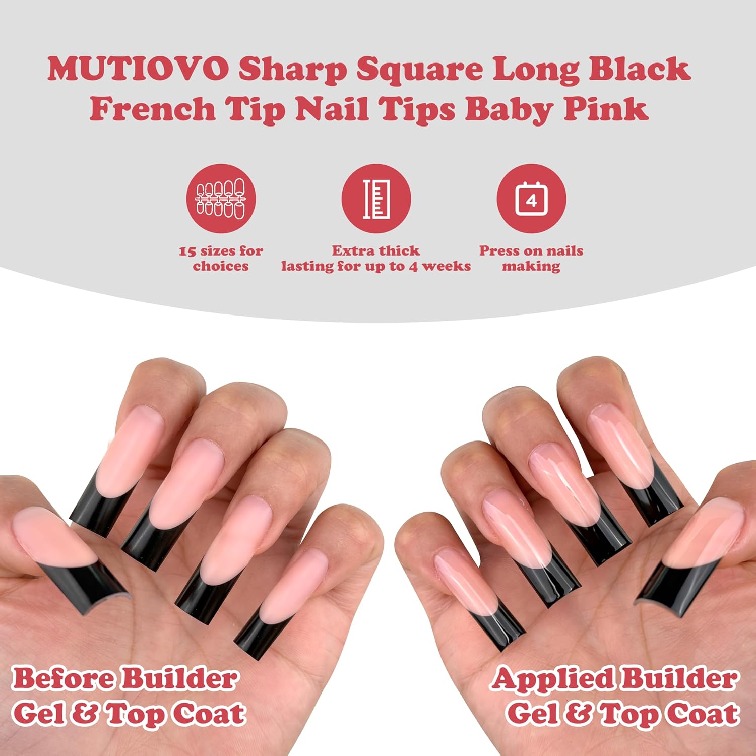 Black French Tip Long Straight Square Nail Tips Press on, BABY PINK Extra Thick Soft Gel Nail Extension, Full Cover False Nails, NEED Builder Glue Gel & Top Coat,for DIY x 15 Sizes 180 pcs