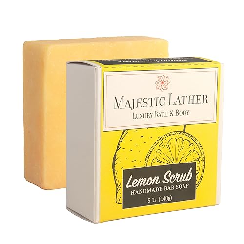 Majestic Lather JabĂłn en barra hecho a mano de lujo Lemon para rostro y cuerpo, limpieza suave y exfoliante. Hidratante y nutritiva, manteca de Majestic Lather JabĂłn en barra hecho a mano de lujo Lemon para rostro y cuerpo, limpieza suave y exfoliante. Hidratante y nutritiva, manteca de