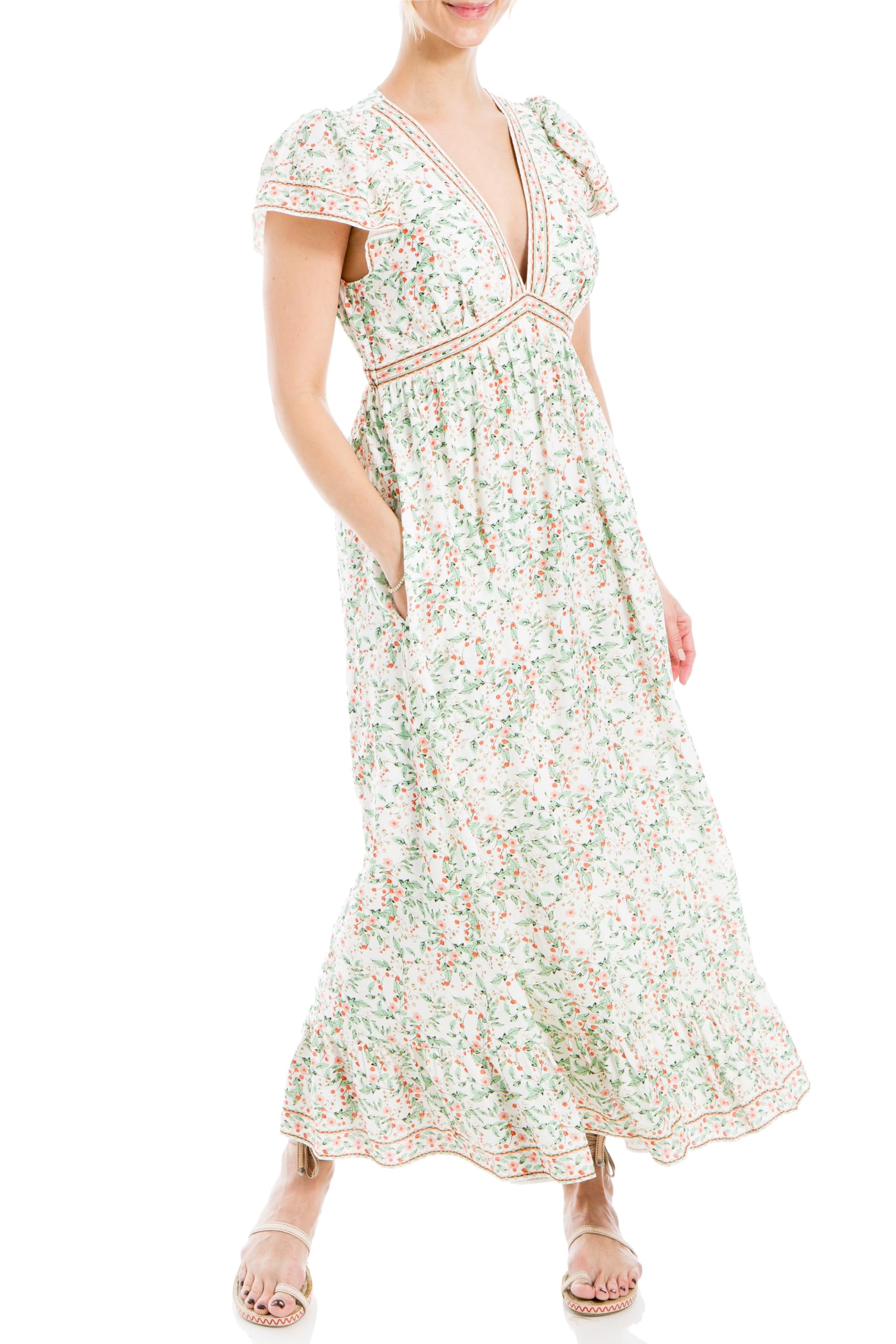 Max Studio Women's Short Flutter Sleeve V-Neck Empire Waist Maxi Long Dress