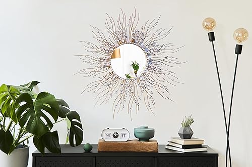 Espejo dorado con forma de explosión de sol, grande, redondo, vintage, bohemio, decoración de pared, espejo de arte de pared de metal, pieza de