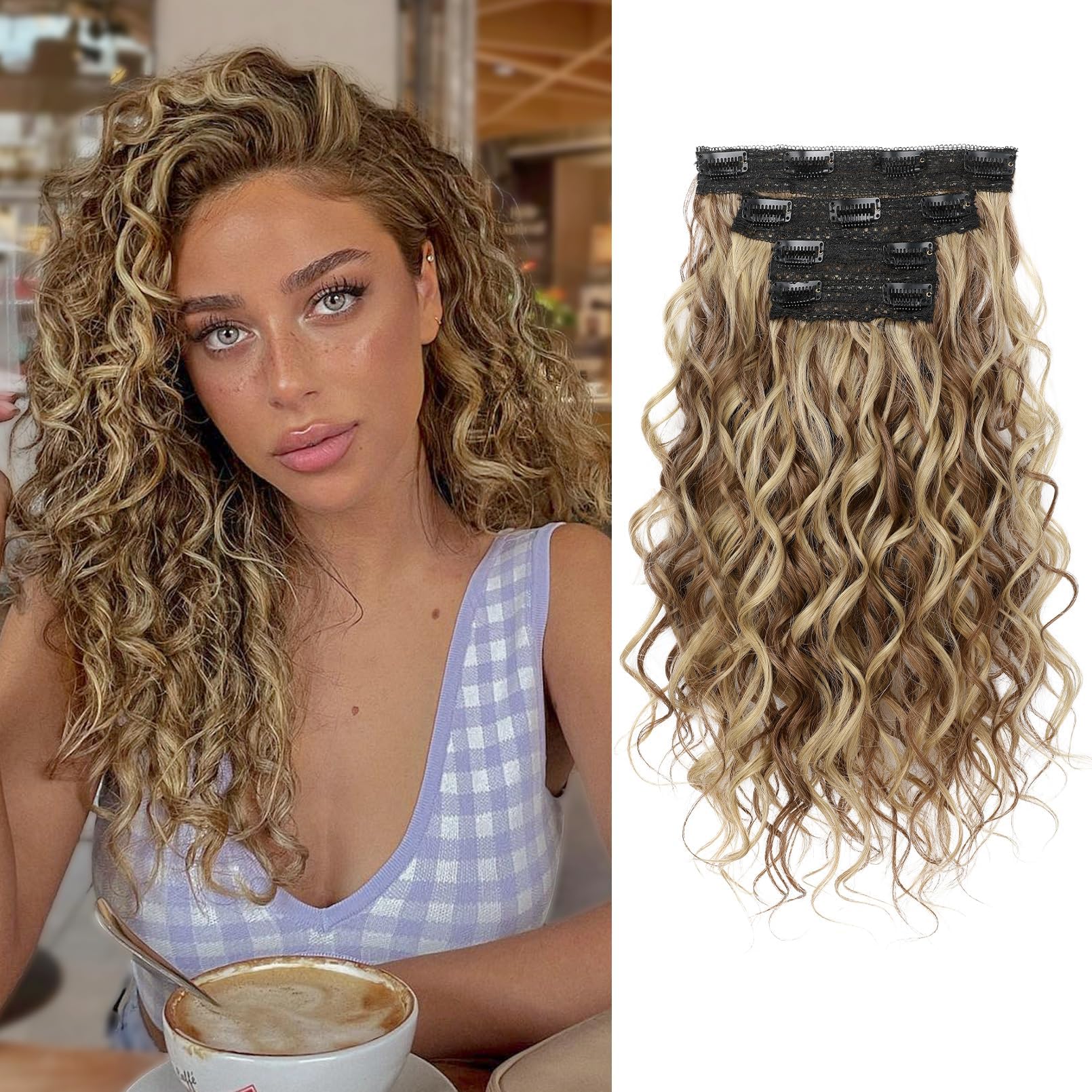 REECHO Curly Hair Extensions, 4PCS 16 inch Clip in Hair Extensions Lace Weft Short Curly Extension Clip Ins Invisible Natural Hairpieces for Women,
