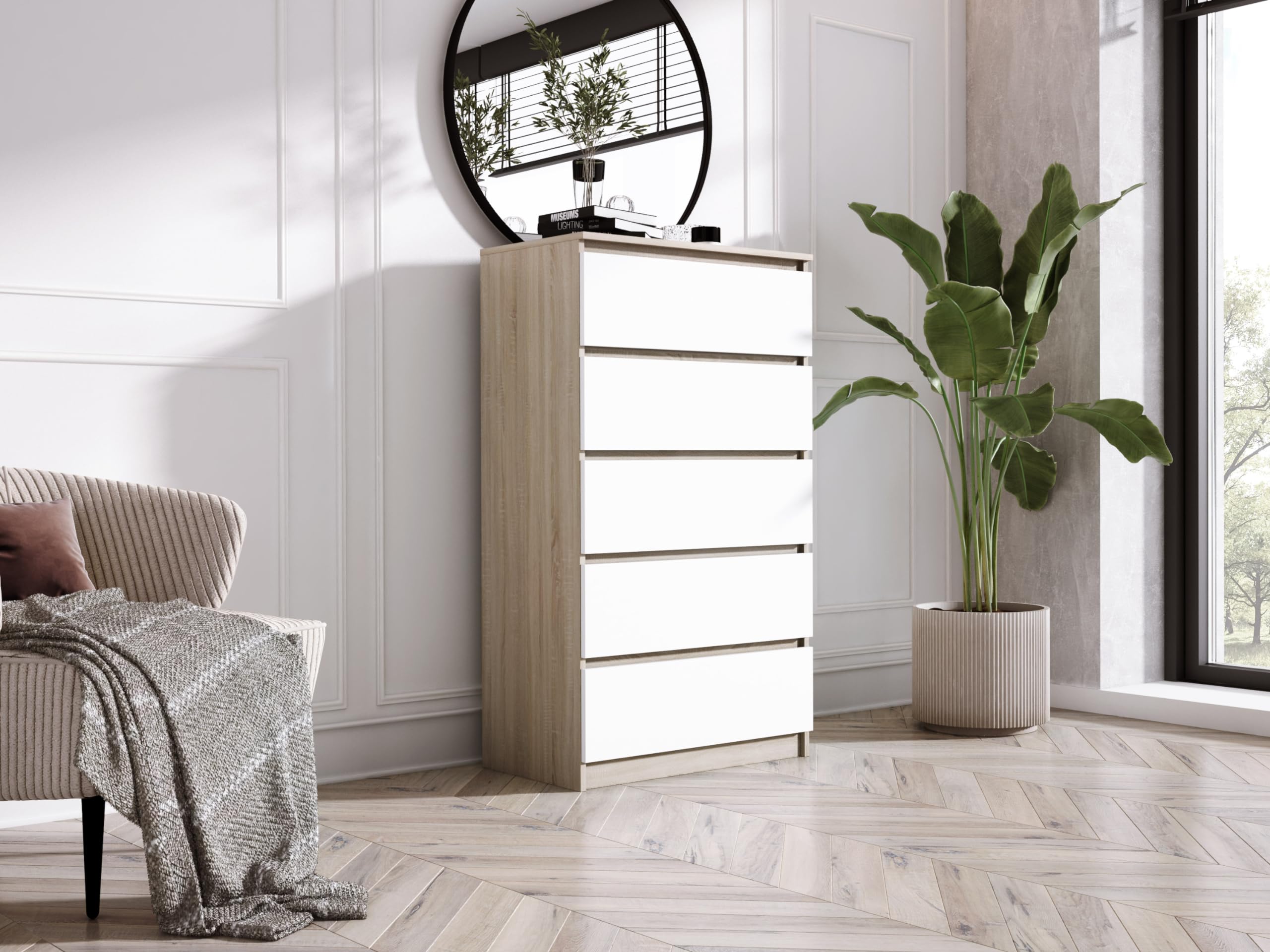 3E 3xE living.com Cassettiera, credenza con 5 cassetti, Quercia sonoma/BIANCO, D: 70 x 124 x 39 cm