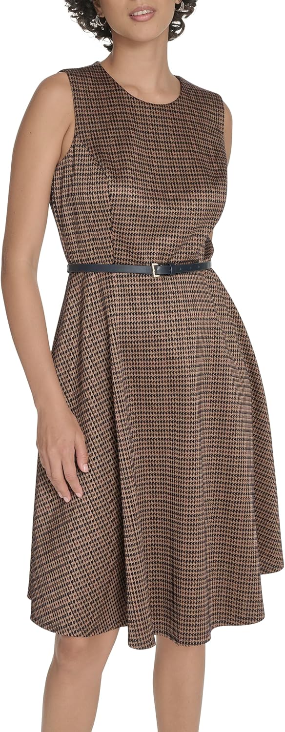 Tommy Hilfiger Women's Sleeveless Crew Neck Pinwheel Knit Belted Fit and Flare Dress