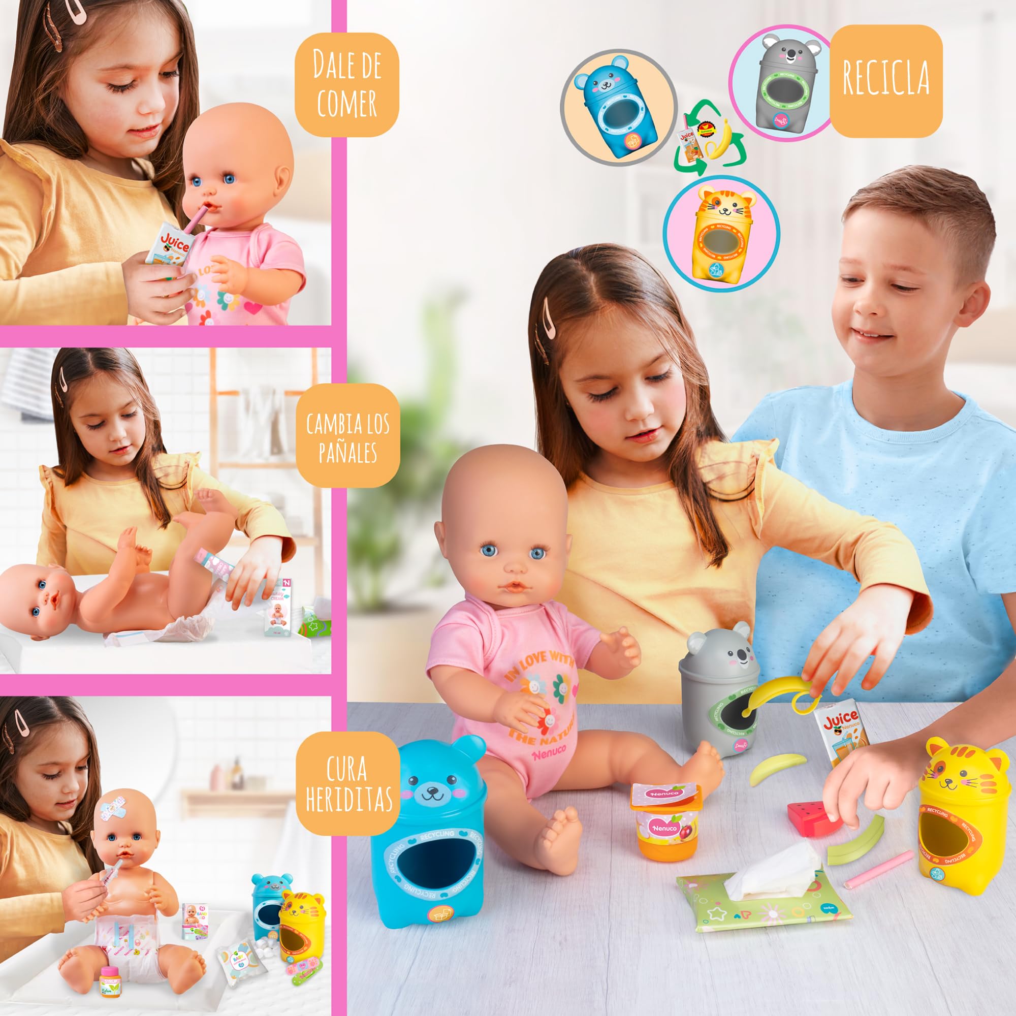 NENUCO - Cuida y Recicla, Muñeco Bebé de 42 cm y Cuerpo Duro y Body Rosa, Accesorios para Dar de Comer, Cambiar Pañal y Curar Heridas, Incluye 3 Contenedores de Reciclaje, +3 Años, Famosa (NFN98000)