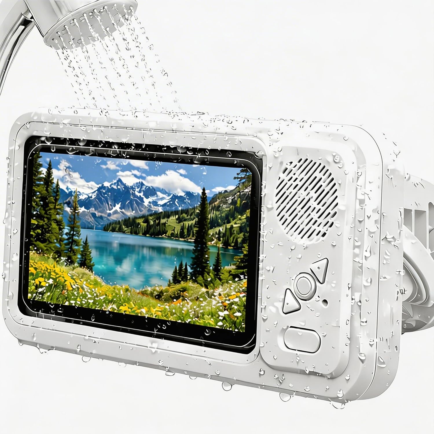 Waterproof Shower Phone Holder with Built-in Bluetooth Speaker, Wall Mount Touch Screen Phone Case for Bathroom, Anti-Fog Window, Fits Smartphones up to 7”, Hands-Free Video & Music (White)