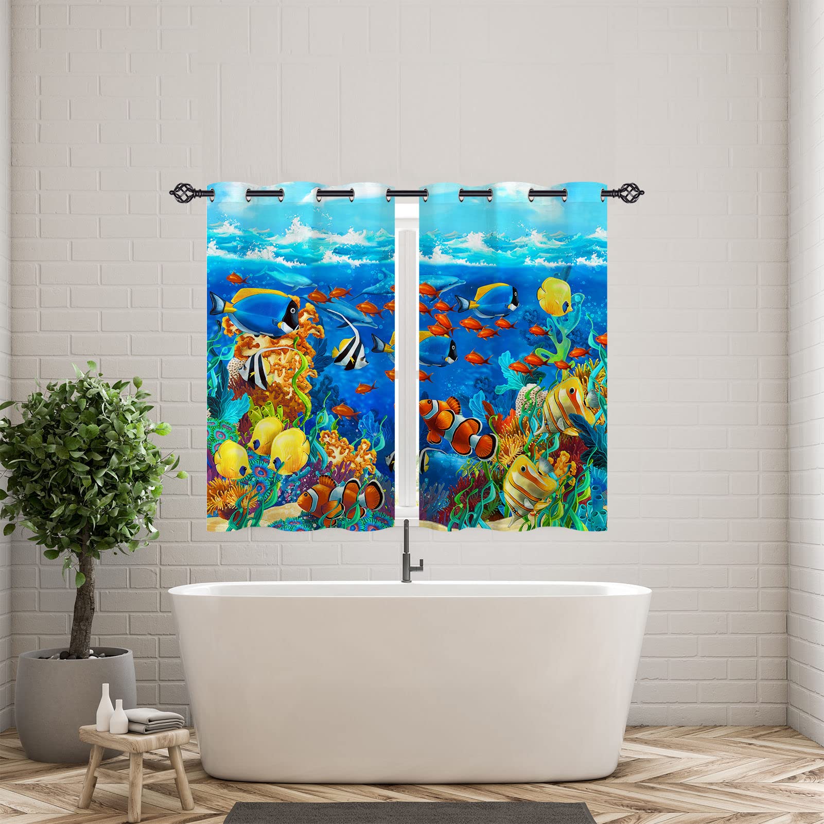 ANHOPE Underwater Curtains Eyelet 80% Blackout Room Darkening Curtains Ocean Sea Animal Tropical Fish Print Pattern Light Blocking Window Drapes for Kids Bedroom Living Room 46 x 54 Inch Drop 2 Panels - Image 3