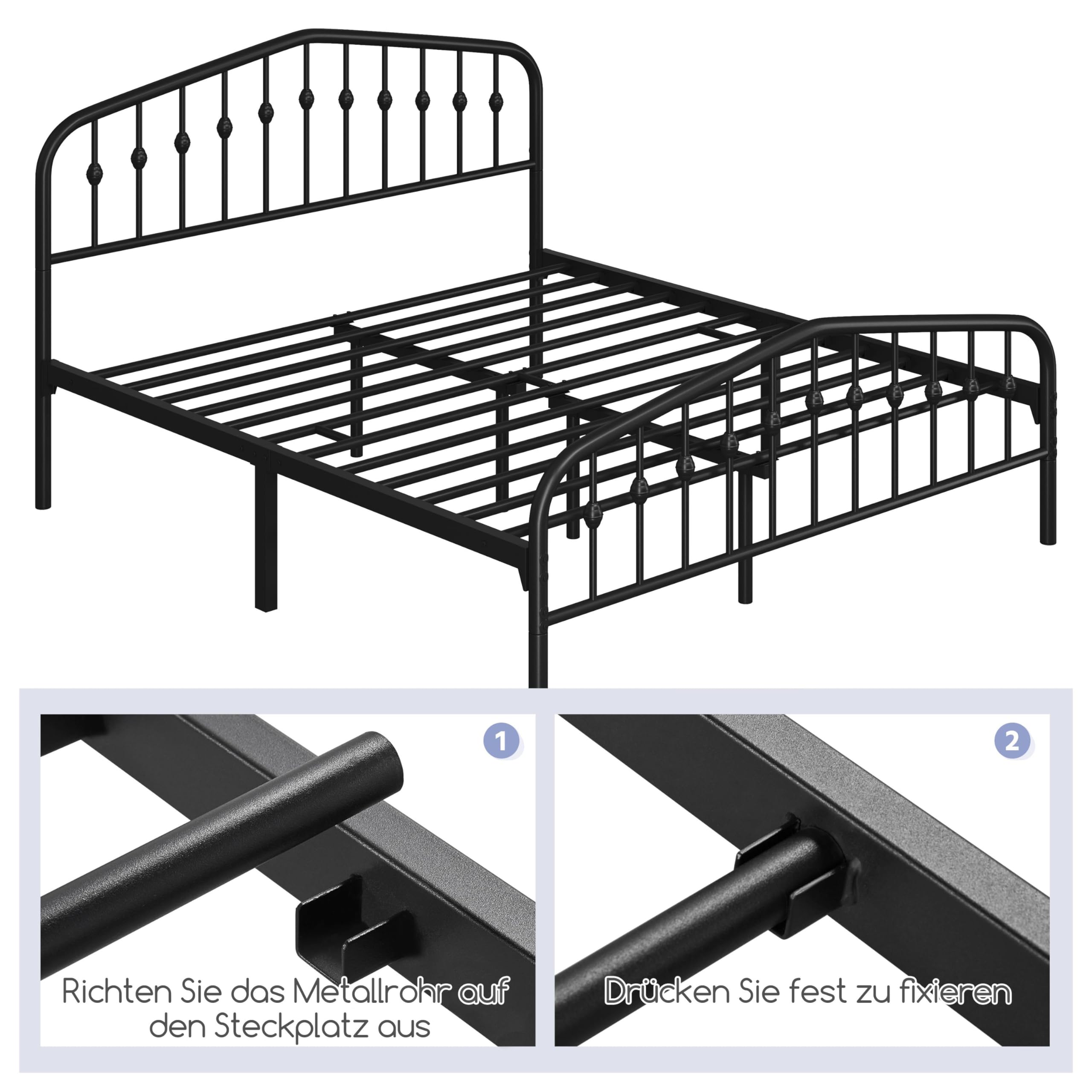 Yaheetech Bettrahmen 160 x 200 cm, Vintage Metallbett mit kronenförmigem Kopfteil, Stabiles Bettgestell Doppelbett aus Metall, Robust & Leichte Montage Gästebett Jugendbett Tagesbett, Schwarz