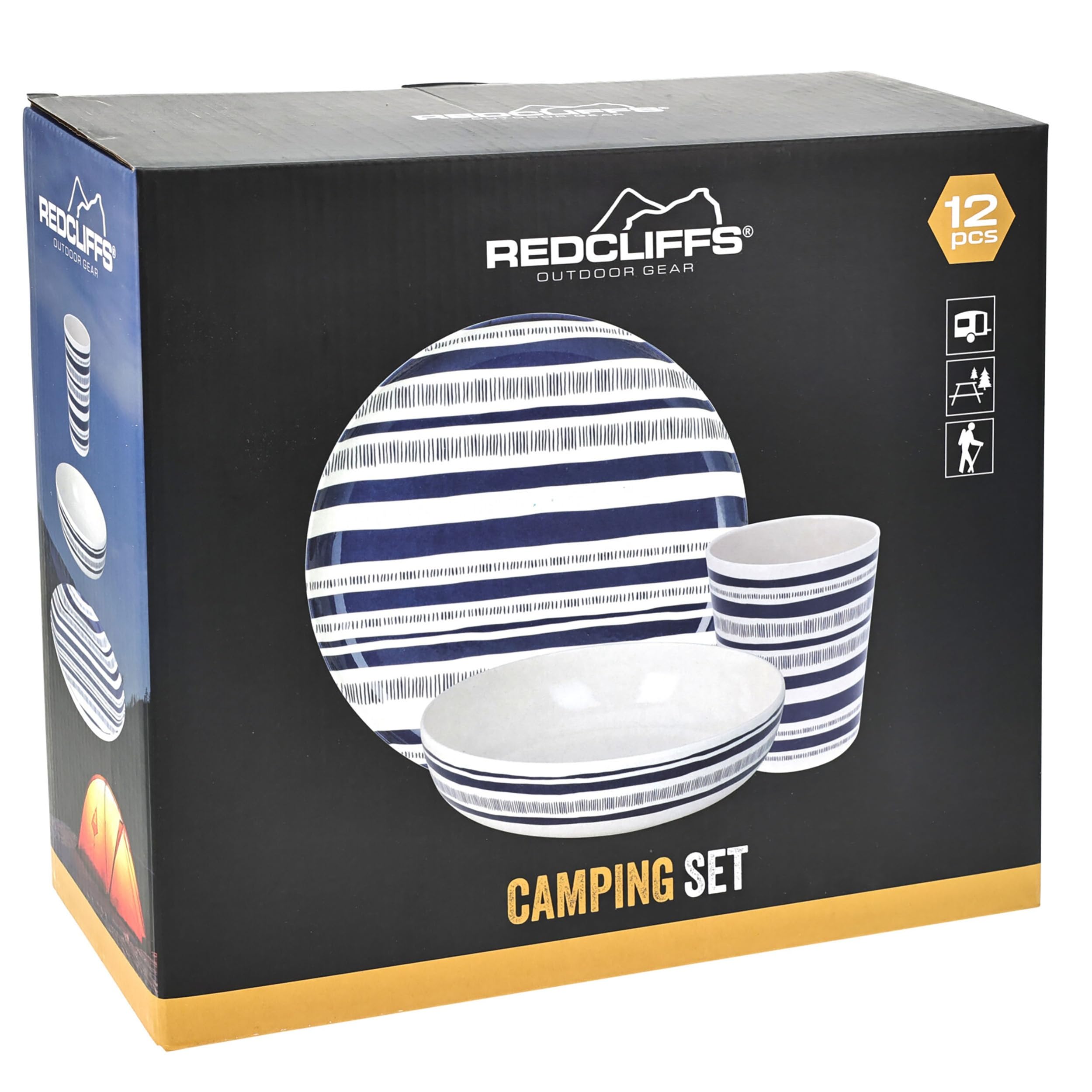 12-teiliges Camping-Geschirrset – Outdoor Geschirr | In Keramikoptik – 4 Teller, 4 Schalen, 4 Tassen – Robust, spülmaschinenfest & leicht – Ideal für Camping