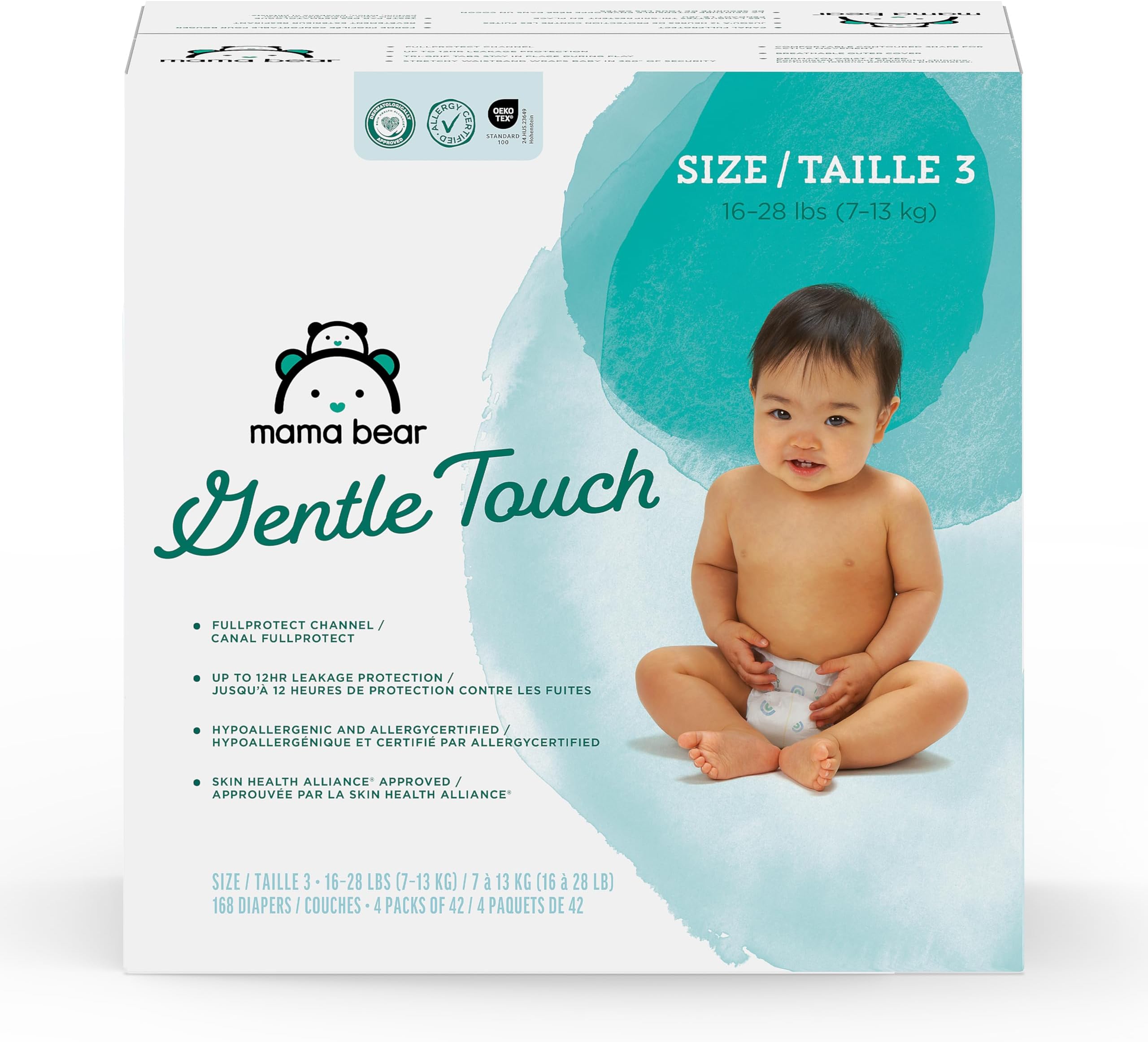 Amazon Brand - Mama Bear Gentle Touch Baby Diapers, Size 3, 168 Count (4 packs of 42), Leakproof, Keeps Baby Dry, Skin Safe, Formulated without Fragrance with Wetness Indicator