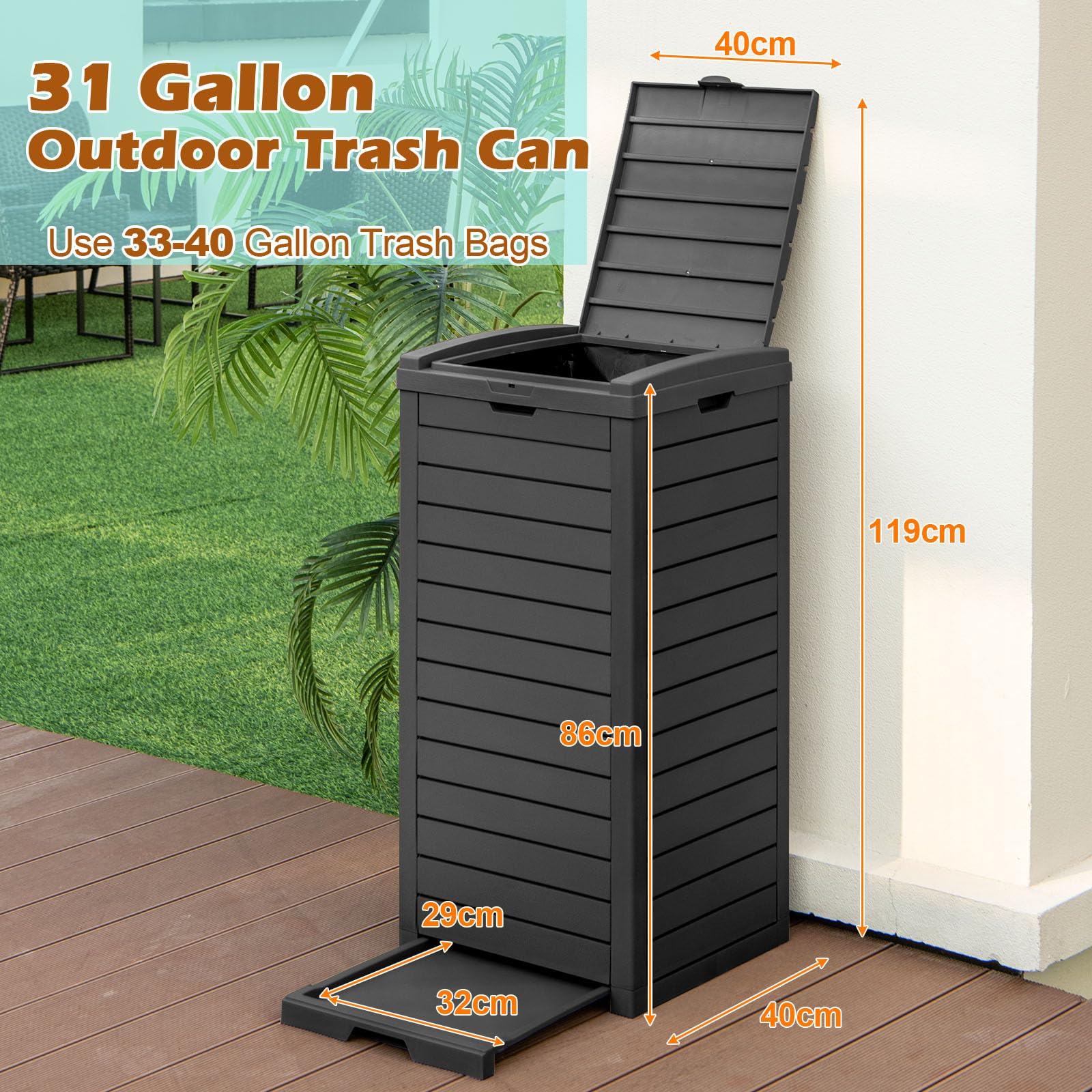 LIFEZEAL Poubelle d'Extérieur 118L, Poubelle de Jardin avec Couvercle, Poubelle Deco Rectangle avec Bac de Récupération, 40 x 40 x 86 cm (1, Noir)