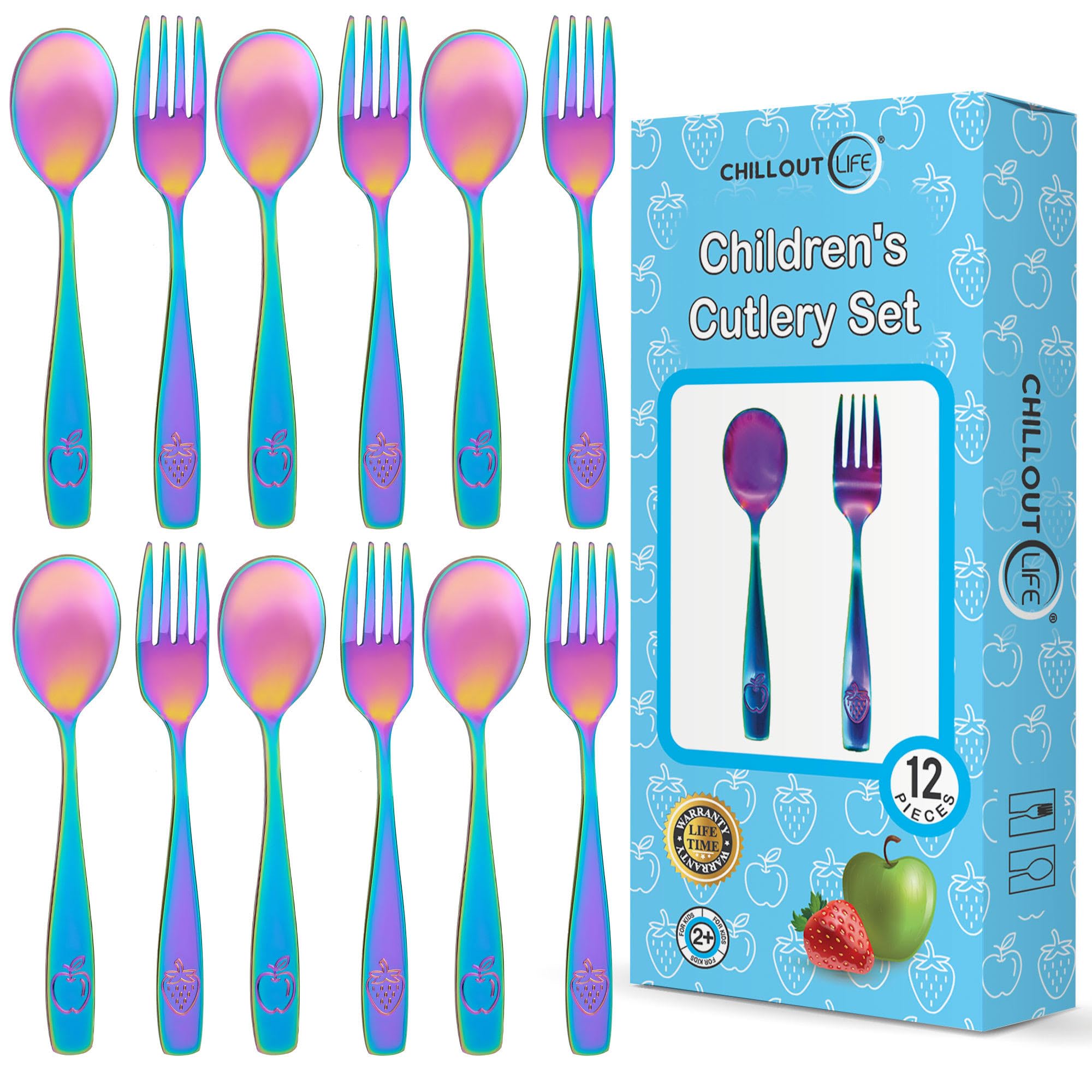 CHILLOUT LIFE Stainless Steel Kids Silverware Set 12 Pieces - Child and Toddler Safe Flatware - Kids Utensil Set - Metal Kids Cutlery Set (Includes 6 Small Kids Spoons &amp; Kids 6 Forks, UV Rainbow)