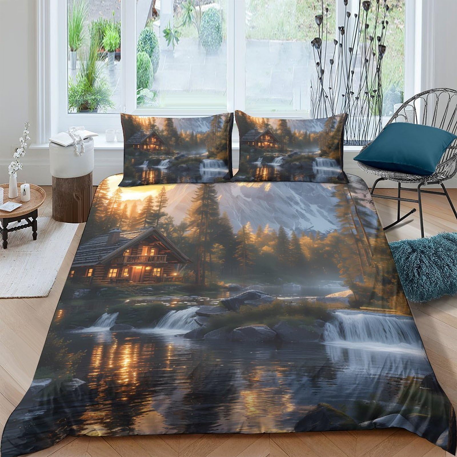 Ctjqhvkz Style-6 3D Printed Sunset Lake Cabin Fitted Sheet Microfiber Anti-Slip Forest Reflection Mattress Cover For Bedroom Dorm Decor Single（135X200cm）