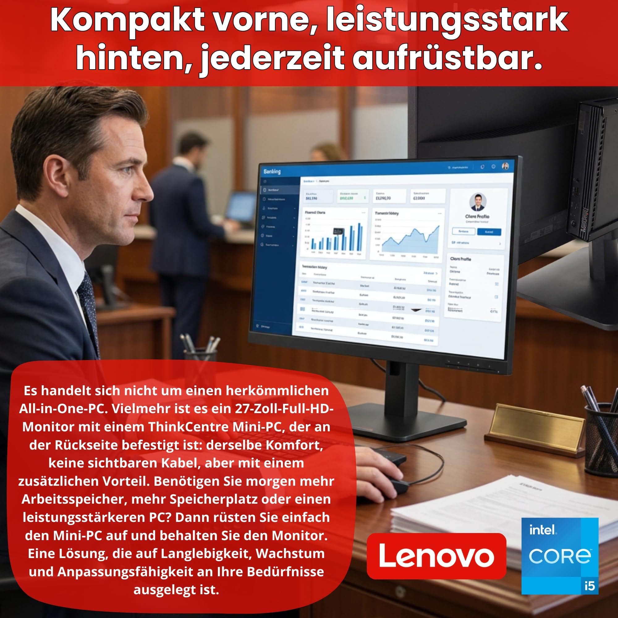 Lenovo 27-Zoll-All-in-One-PC | Mini-PC + Monitor 27" Full HD IPS 100Hz | Intel Core i5-10500T 12 Threads 3,8 GHz | 32 GB SO-DIMM | 480 GB SSD | TPM 2.0 | Windows 11 Pro | 36 Monate Garantie
