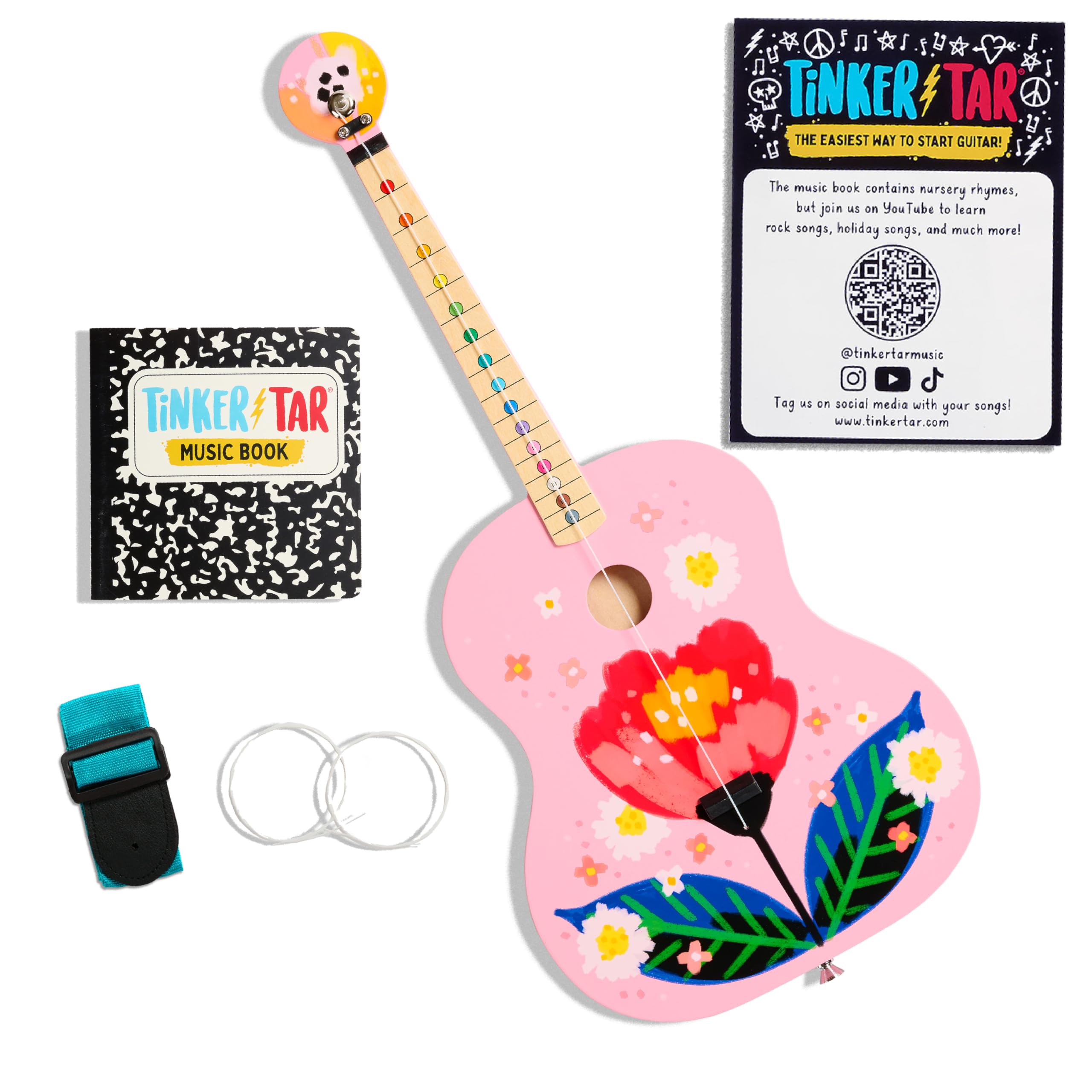 TinkerTar - Pink Floral Acoustic Guitar - The Easiest Way to Start and Learn Guitar - 1 Stringed Toy Instrument for Kids Perfect Intro to Music for Young Kids Ages 3 and up - from Buffalo Games