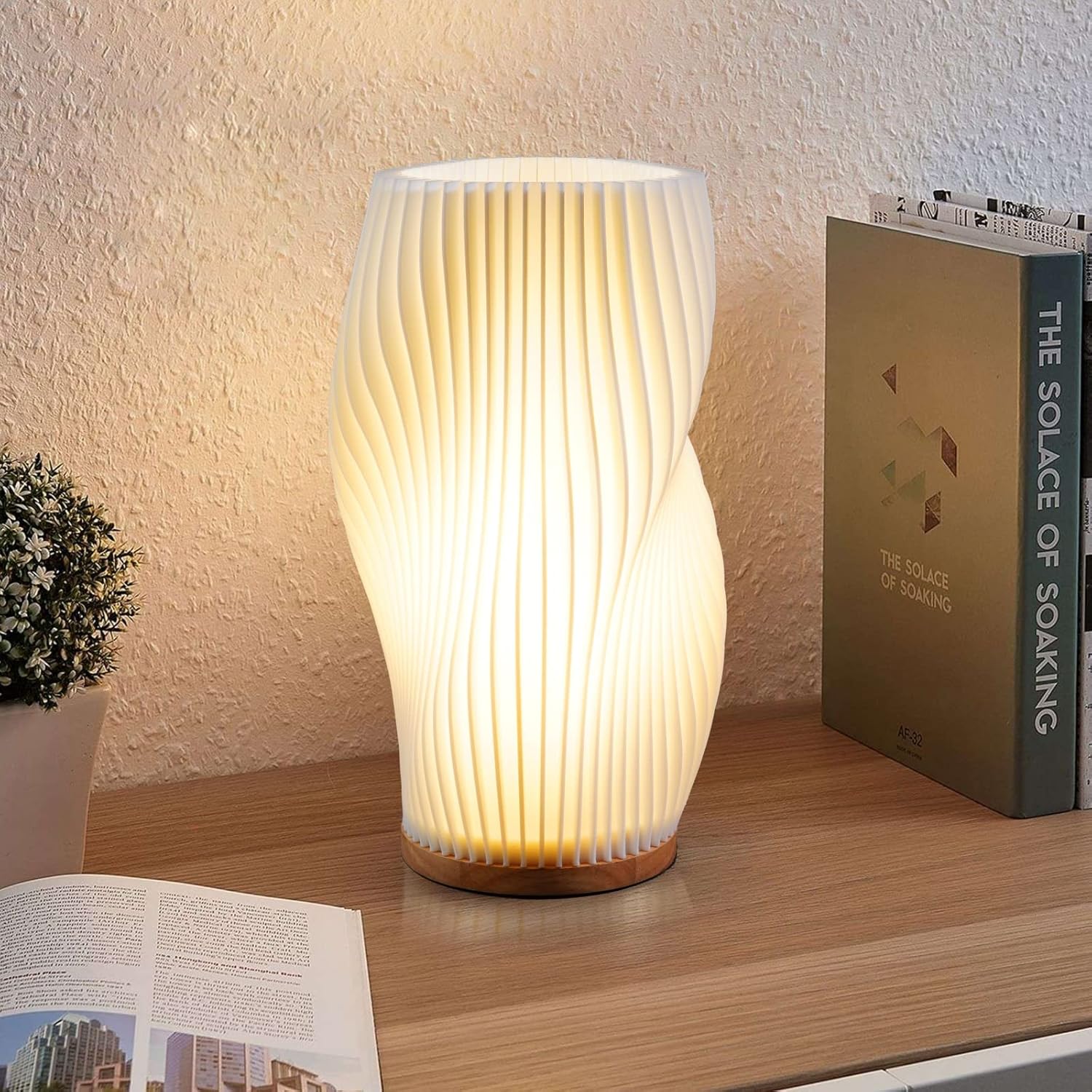 Medium White Zenply Novelty Small Table Lamp for Bedroom, Vintage Style Striped Night Light, Mini Bedside Lamp for Living Room, Office, Dorm (MD)