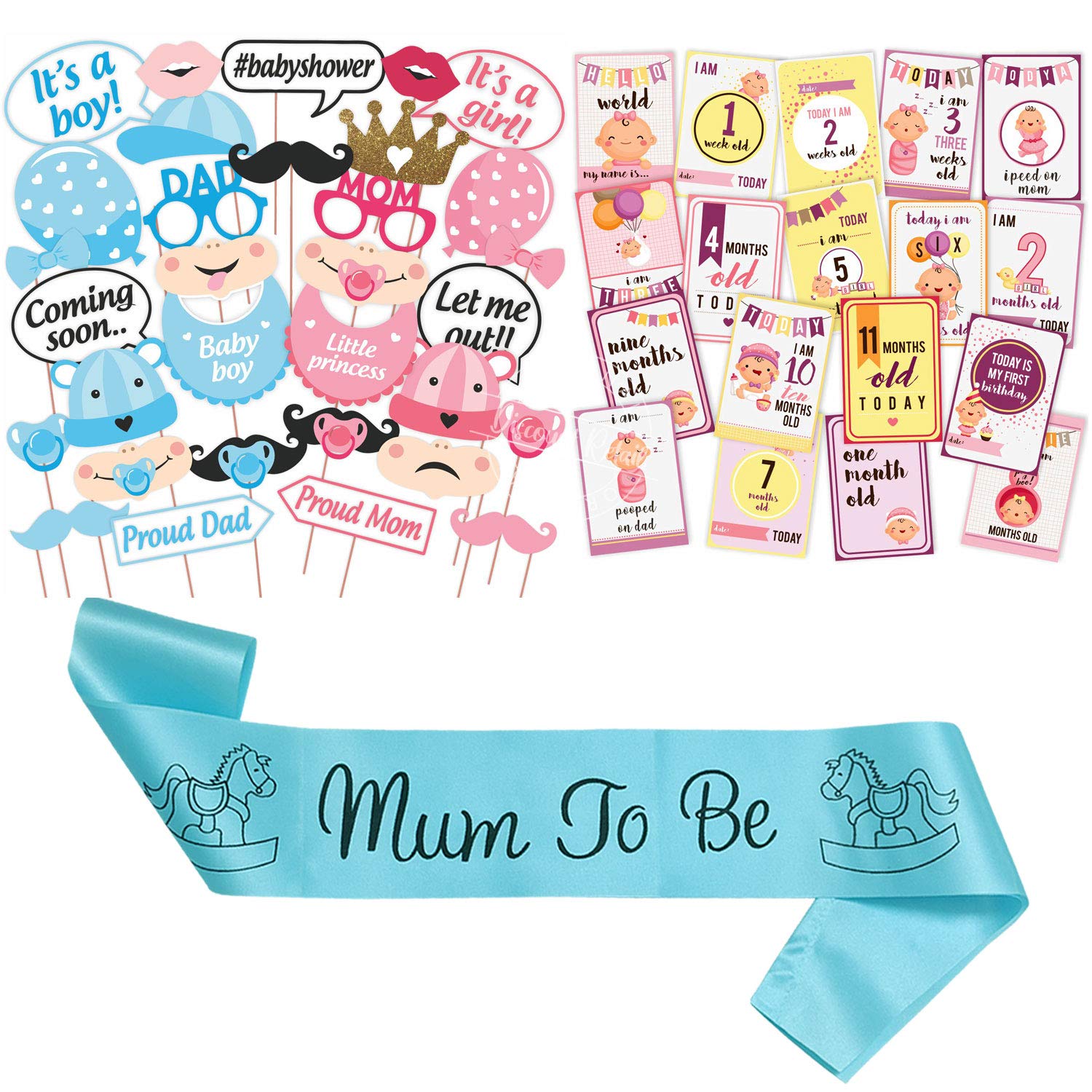 WOBBOXBaby Shower Combo of Photo Booth Party Props, Sash and Milestone Cards - Combo WY