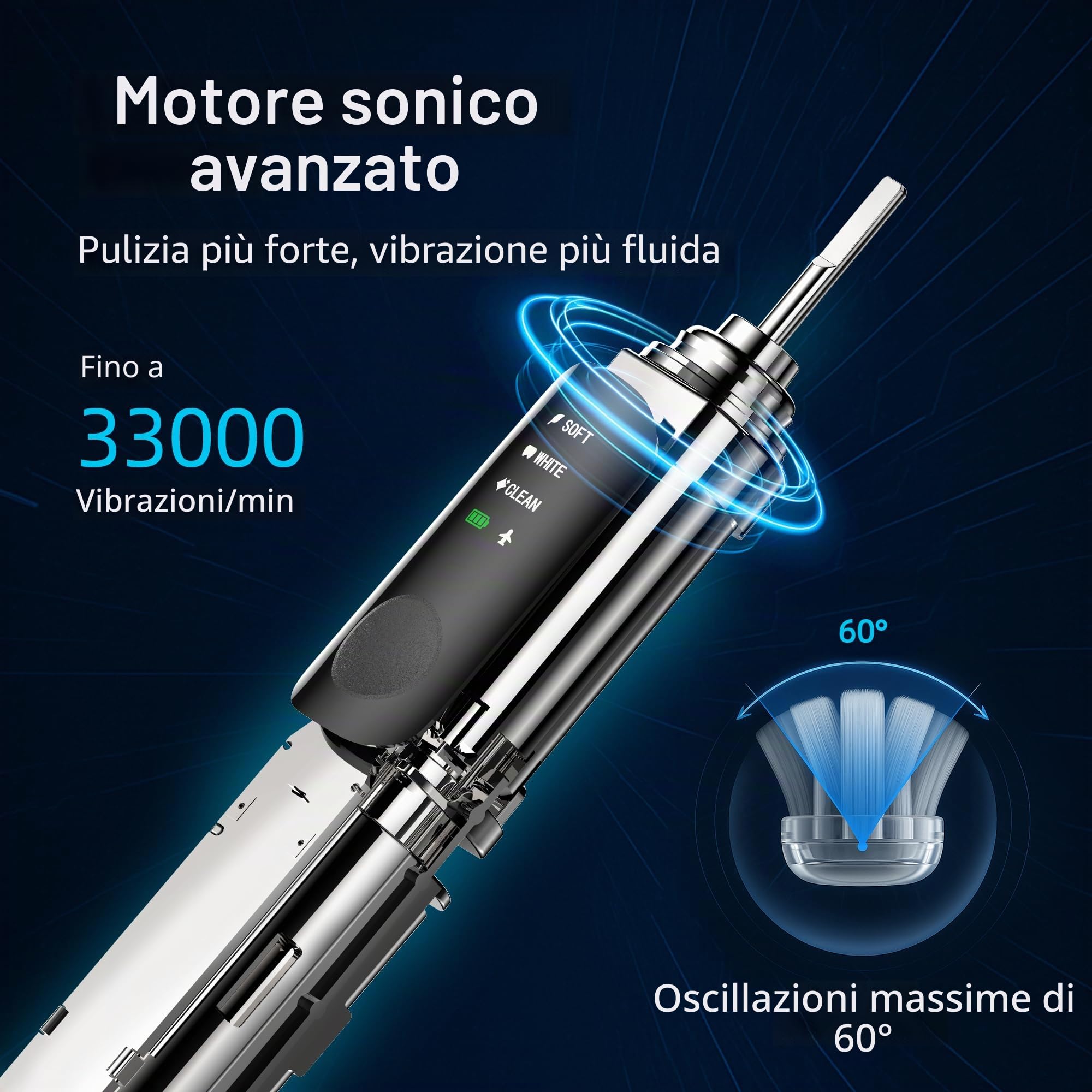 SYNHOPE Spazzolino elettrico oscillante a 60°, spazzolino sonico a onde vibranti per adulti con 2 testine, IPX7 (Nero)