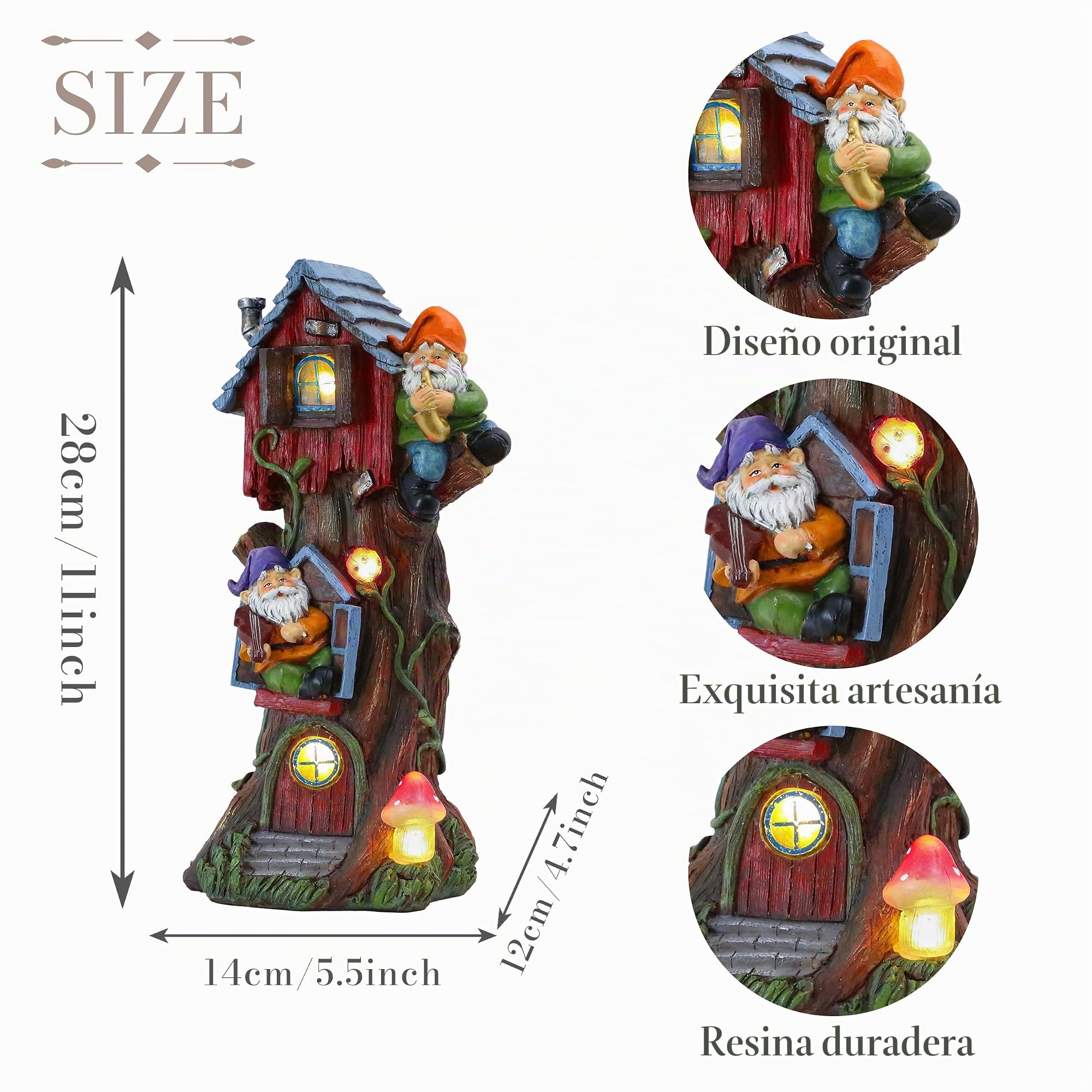 TERESA'S COLLECTIONS Adorno Jardín Exterior，Estatua de Gnomos en Árbol con Luces Solares，Figura de Resina Impermeable para Patio, Balcón y Decoración de Hogar, Regalo para Mamá, 28 cm