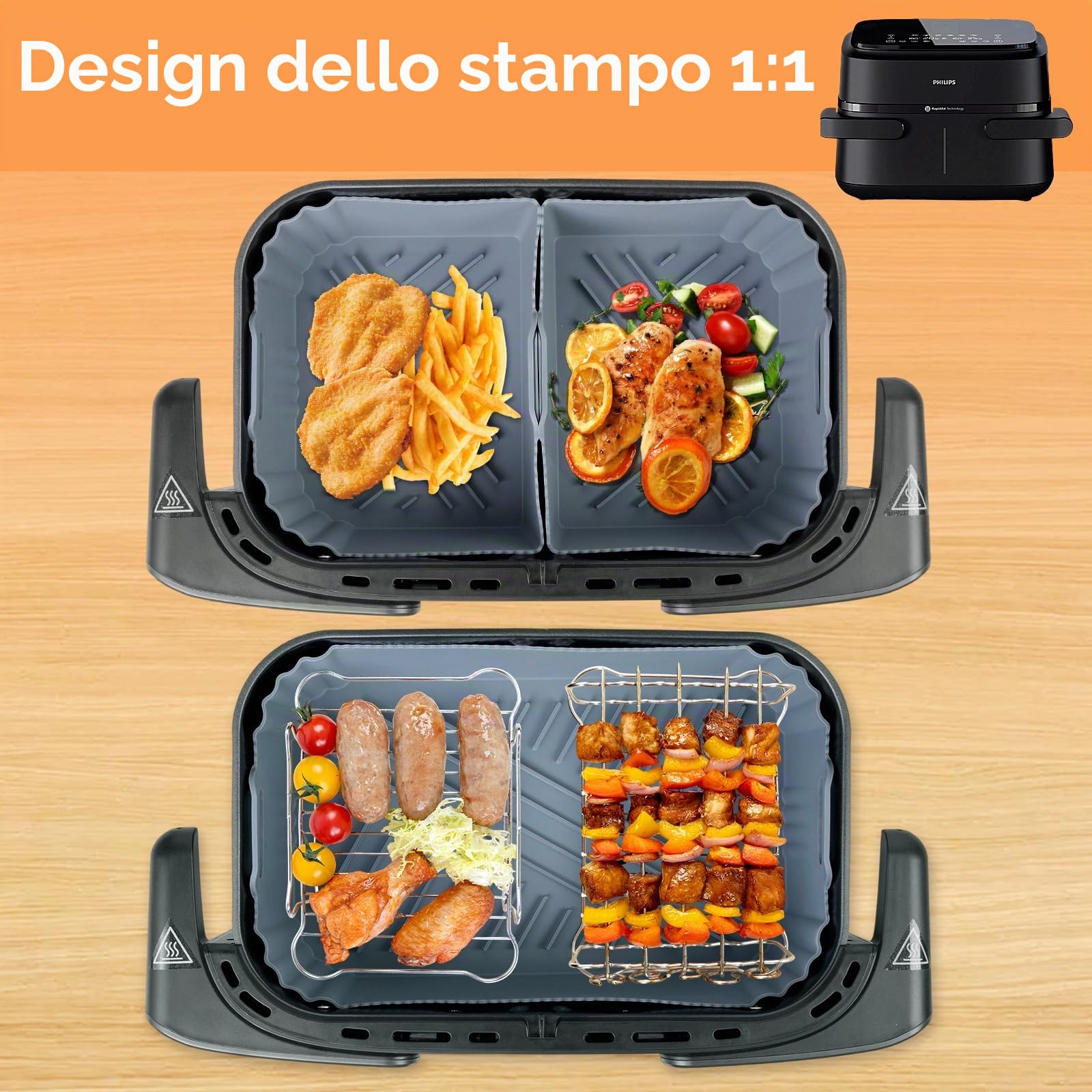 ENSINE Airfryer - Set di 3 stampi in silicone su misura per friggitrice ad aria calda Philips Airfryer 1000 Series 7,1 l, Na154/00 Dual Basket, riutilizzabile, colore: Grigio