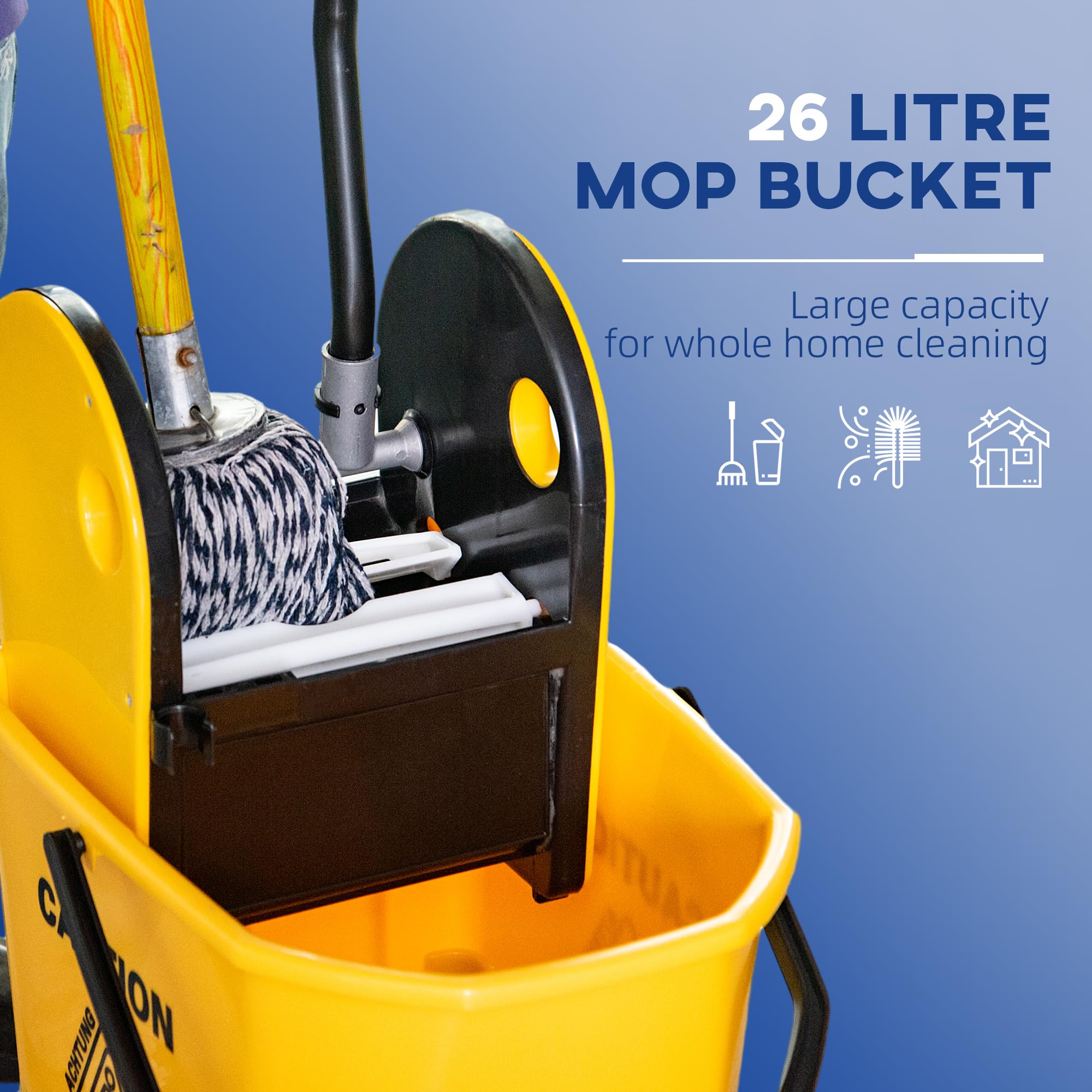 HOMCOM - Carro de limpieza, carrito de limpieza profesional con cubo, capacidad de 26L con escurridor, carro de mantenimiento, 44 x 36 x 90 cm, amarillo