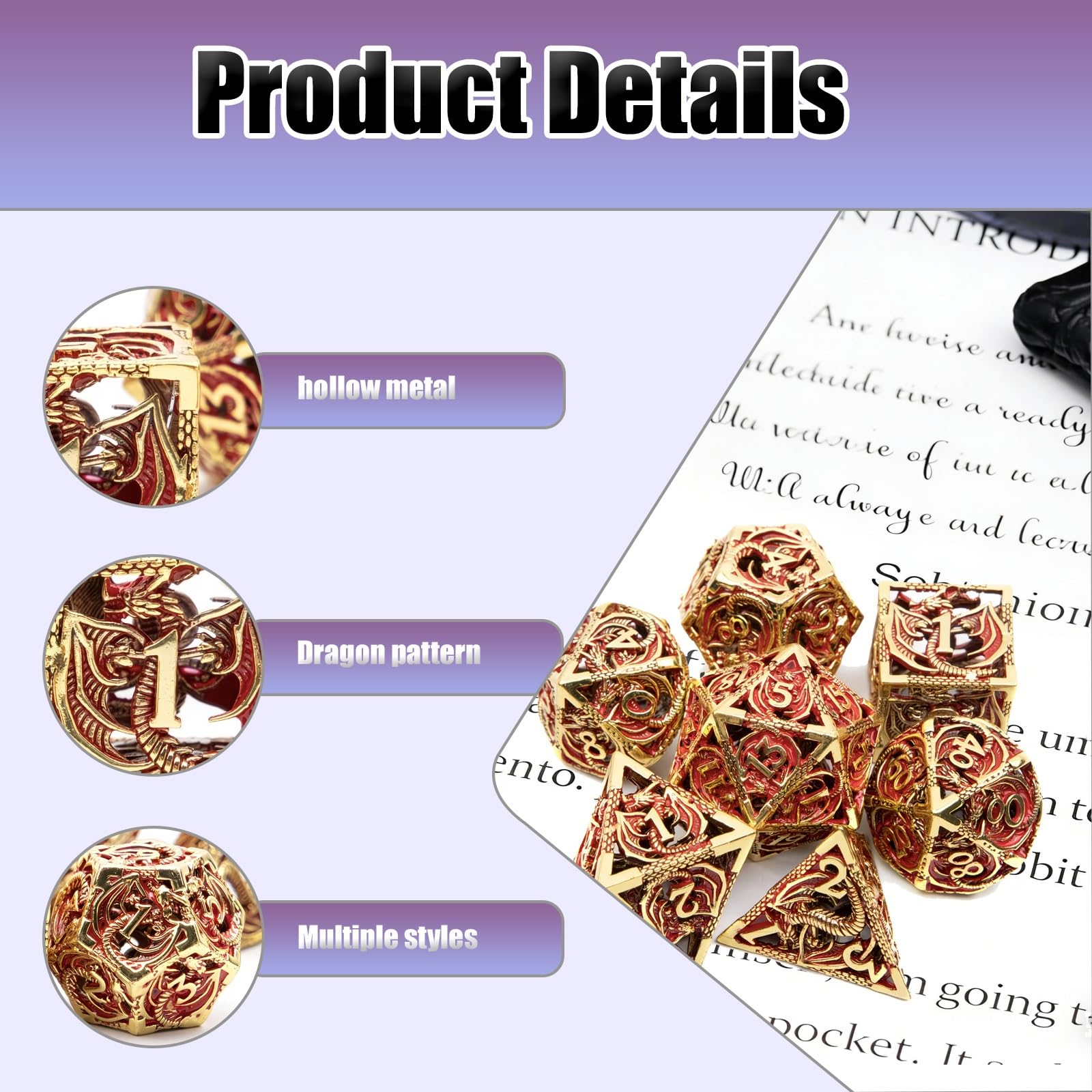 Ensemble de 7 Dés en Métal Dragon, Dés Polyédriques Creux, Compatibles avec Les Jeux de Rôle Les Jeux de Plateau et Les Jeux de Cartes(Gold)