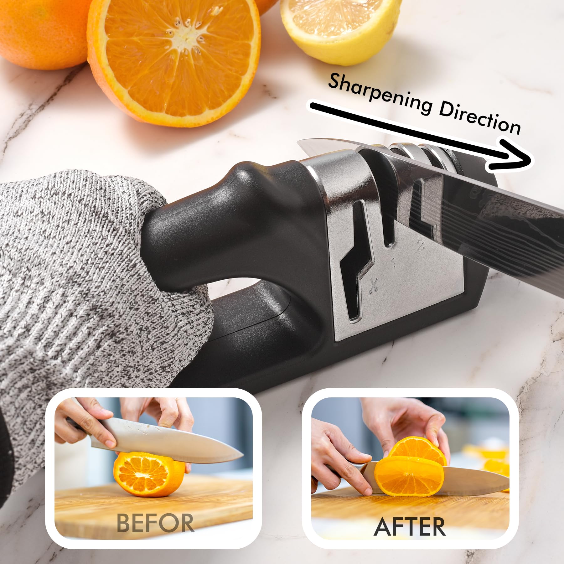 HOTEC Afilador de cuchillos 4 en 1, afilador manual de 3 etapas para afilar cuchillos de cocina, 1 etapa para tijeras, piedra de cerámica, placas de carburo de tungsteno, varillas de diamante