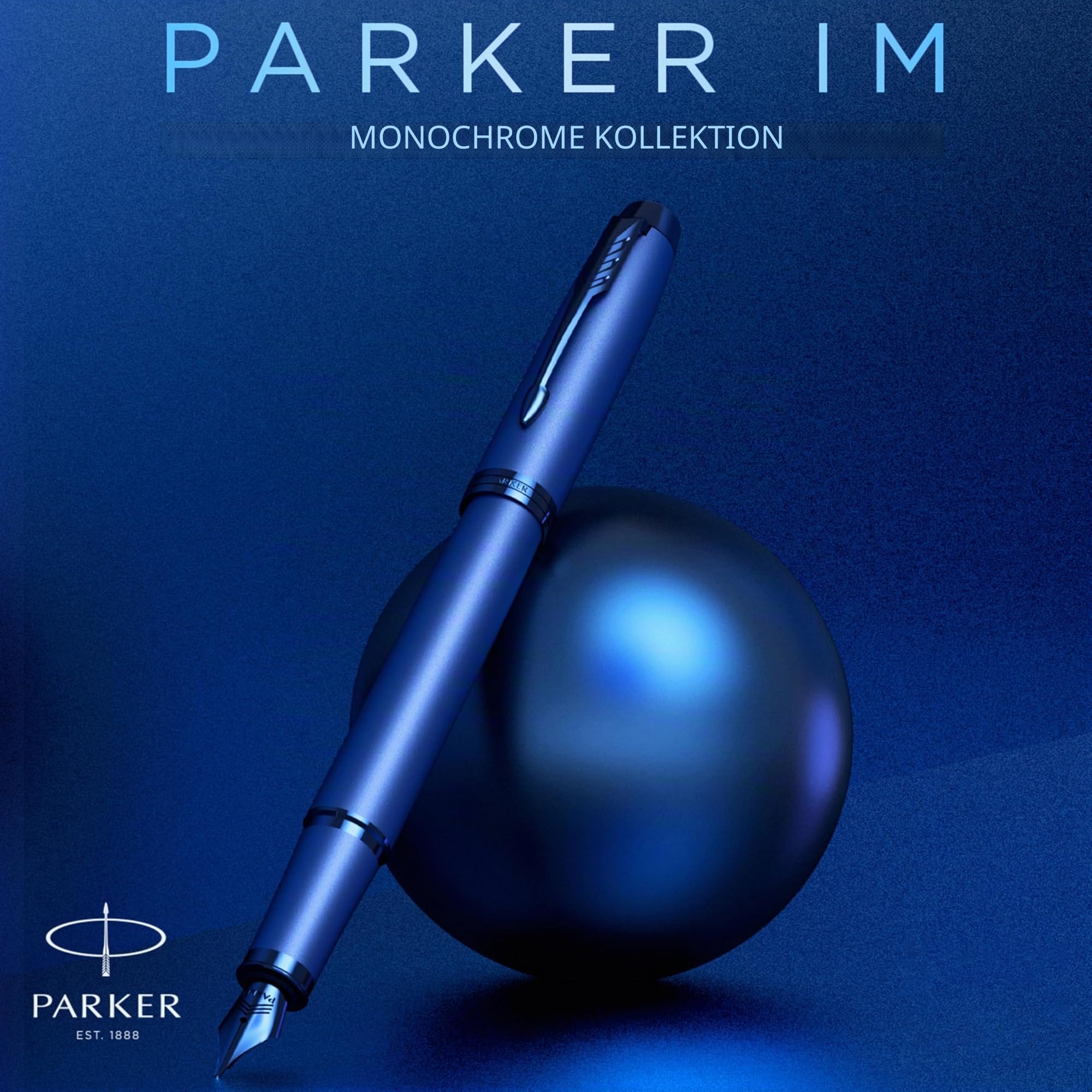 Parker IM Monochrome Füller | Oberfläche und Zierteile in Blau | Füllfederhalter mit feiner Feder und blauer Tinte | Geschenkbox