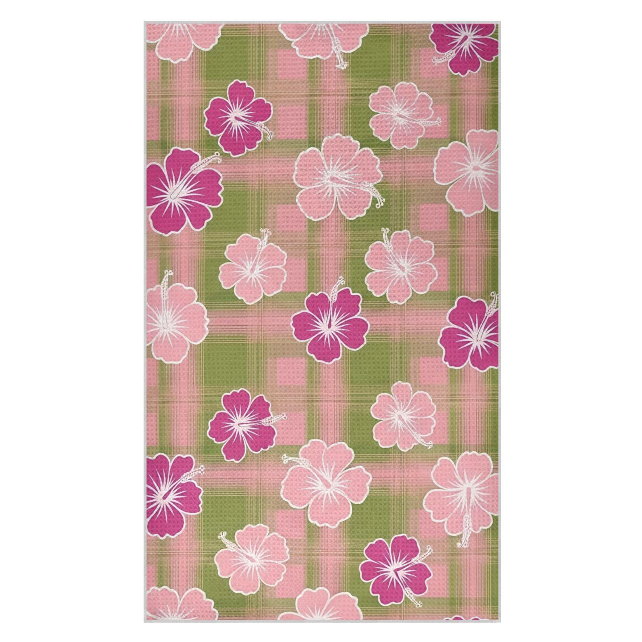 Fuauuyl Hibiscus Plaid Kitchen Towel Waffle Weave Dish Towels Soft Absorbent Hand Towel Microfiber Lint Free Dish Cloths for Kitchen, 18x30 in