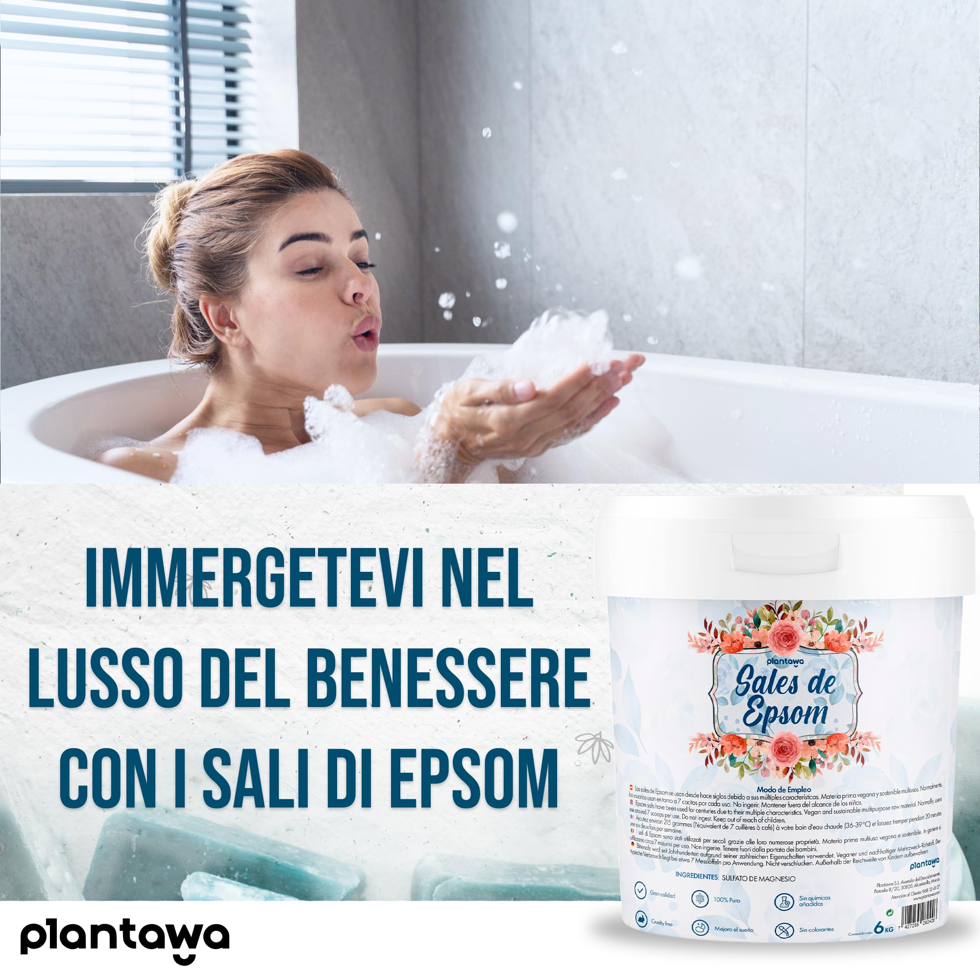 PLANTAWA Sale di Epsom 6kg | Sali da Bagno Rilassanti con Solfato di Magnesio Puro | Relax Muscolare, Cura della Pelle e Benessere Naturale | Bagno Rilassante e Schiumoso | Senza Tossine e Additivi