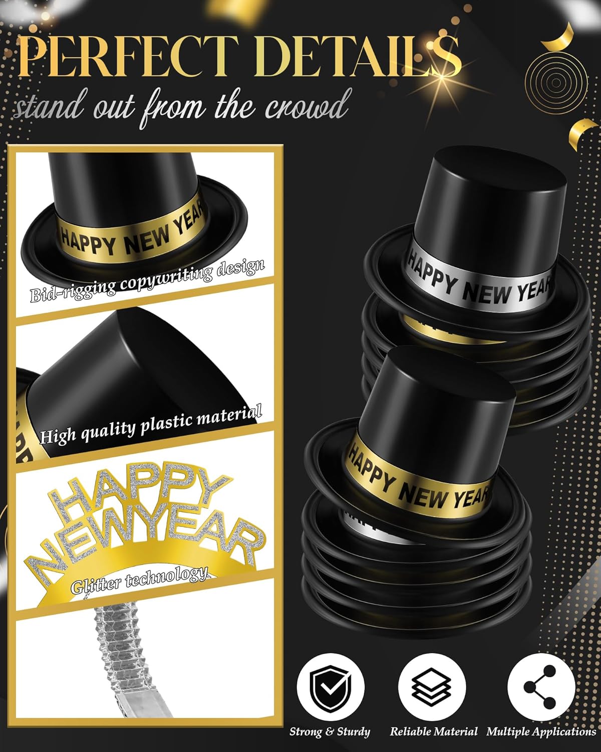 Wenqik 50 Pieces 2026 New Year's Eve Party Supplies Midnight Party Decorations for 50 People Includes Top Hats Gold Silver Black Cone Hats Headbands Tiaras for Eve Accessories New Year Gift