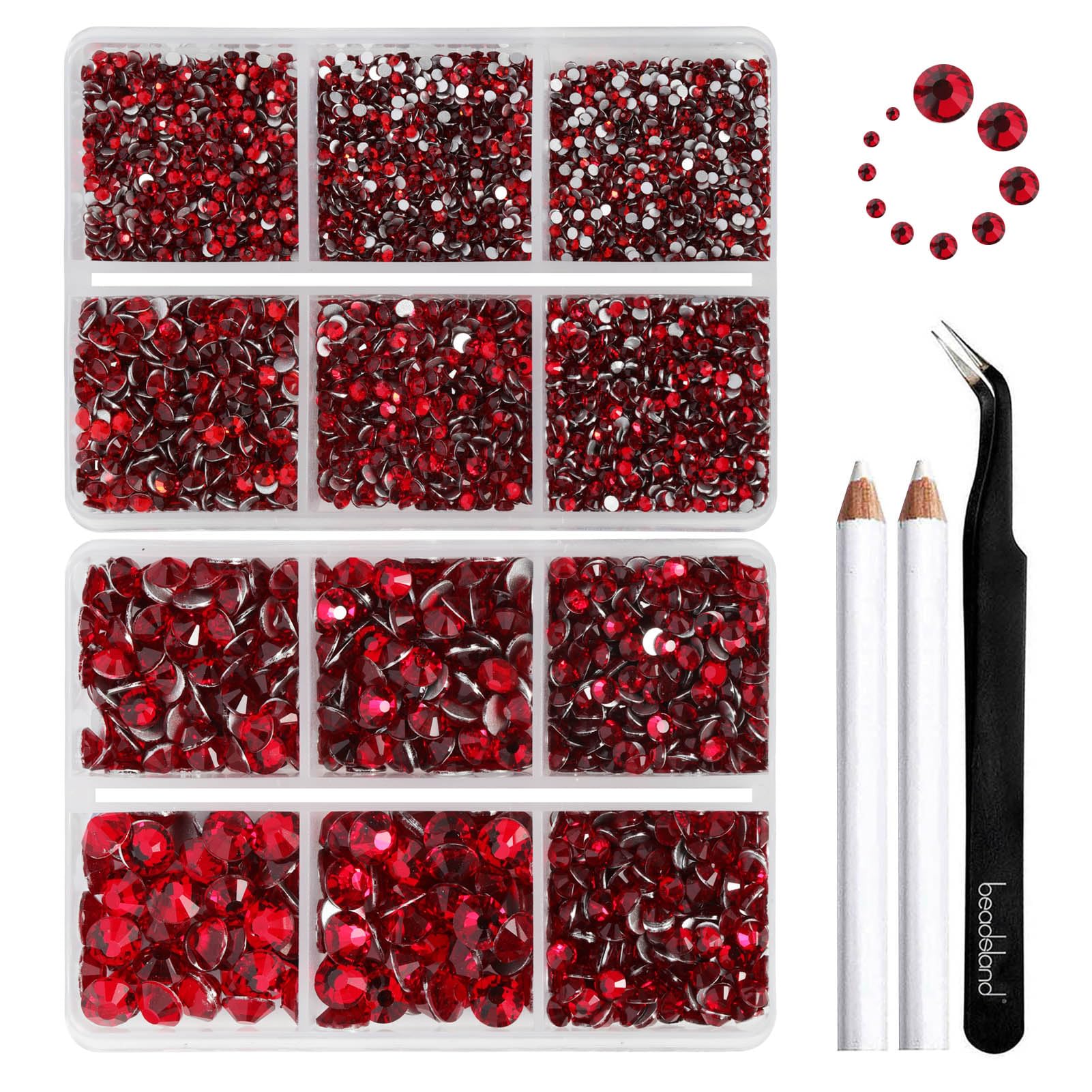 Beadsland Flatback Rhinestones, Siam, 8300pcs Mixed 10 Sizes