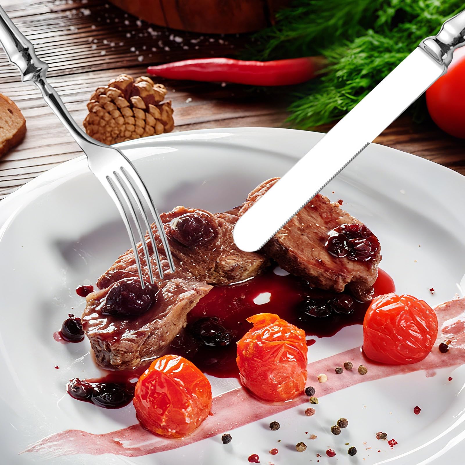 Essbesteck Polierter Edelstahl Besteck Steakmesser Gabel Löffel | Essbesteck Set für Abendessen Hochzeit Camping Picknick Restaurant Buffet Outdoor Salat Steak Dessert Suppe Mittagessen