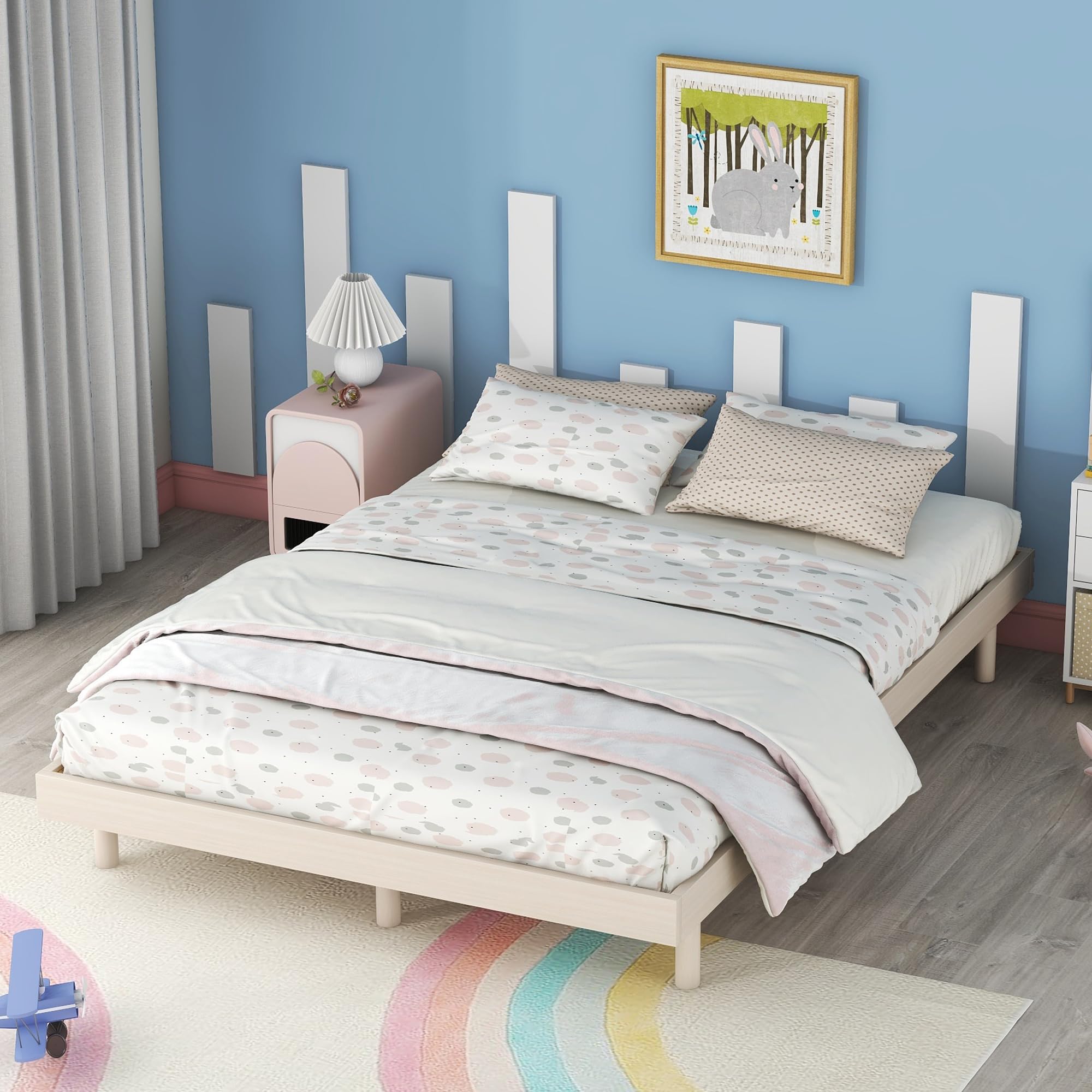 Dolonm Full Size Floating Bed Frame, Modern Low Profile Platform Bed Frame, Floating Design Bed Slats Support, Noise Free, No Box Spring Needed, Easy Assembly, White Washed