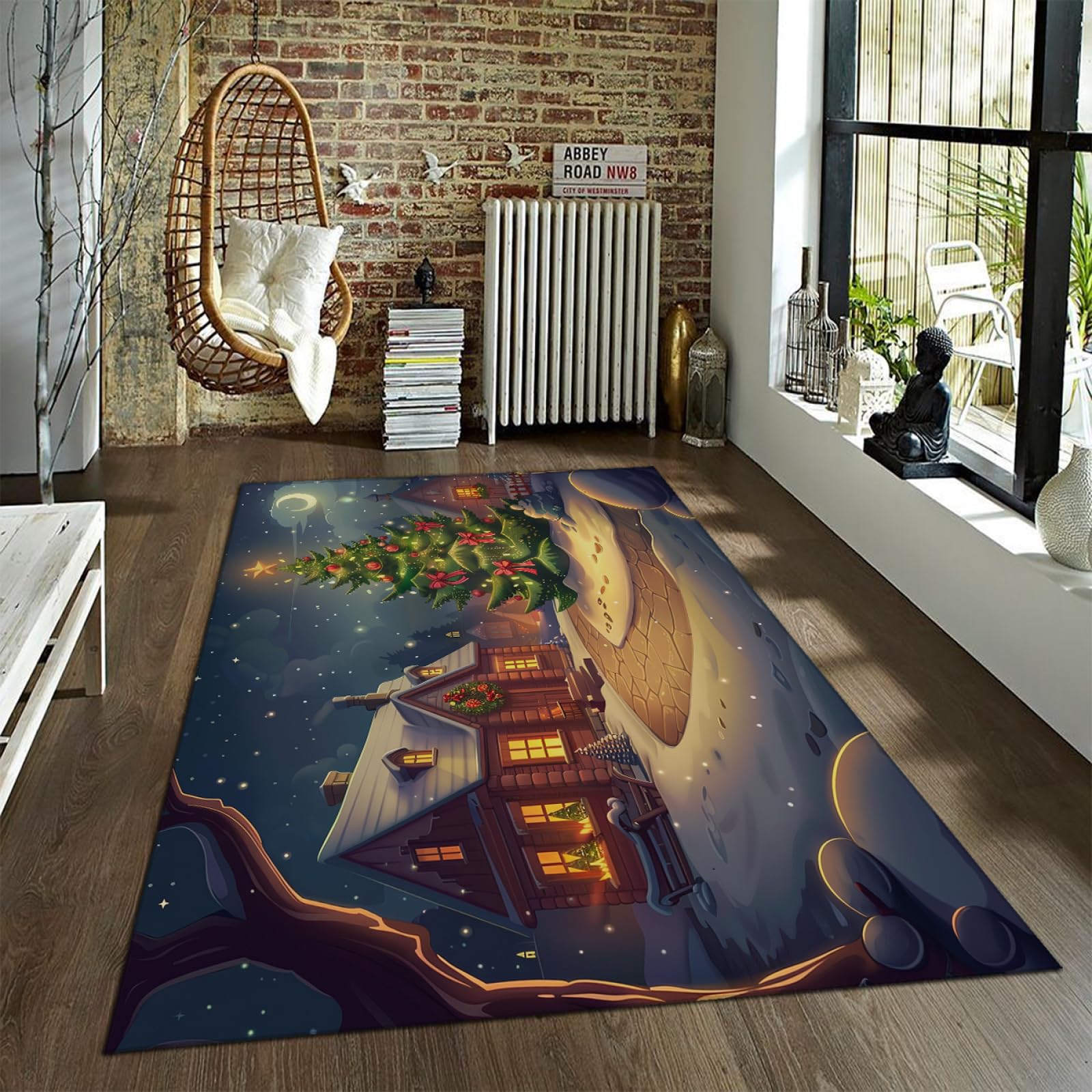 Tappeto a tema natalizio per soggiorno Caldo Neve Casa Cartone Animato Albero di Natale Decorazione Tappeti Lavaggio In Lavatrice Antiscivolo Tappetino Tappeto 150x240cm