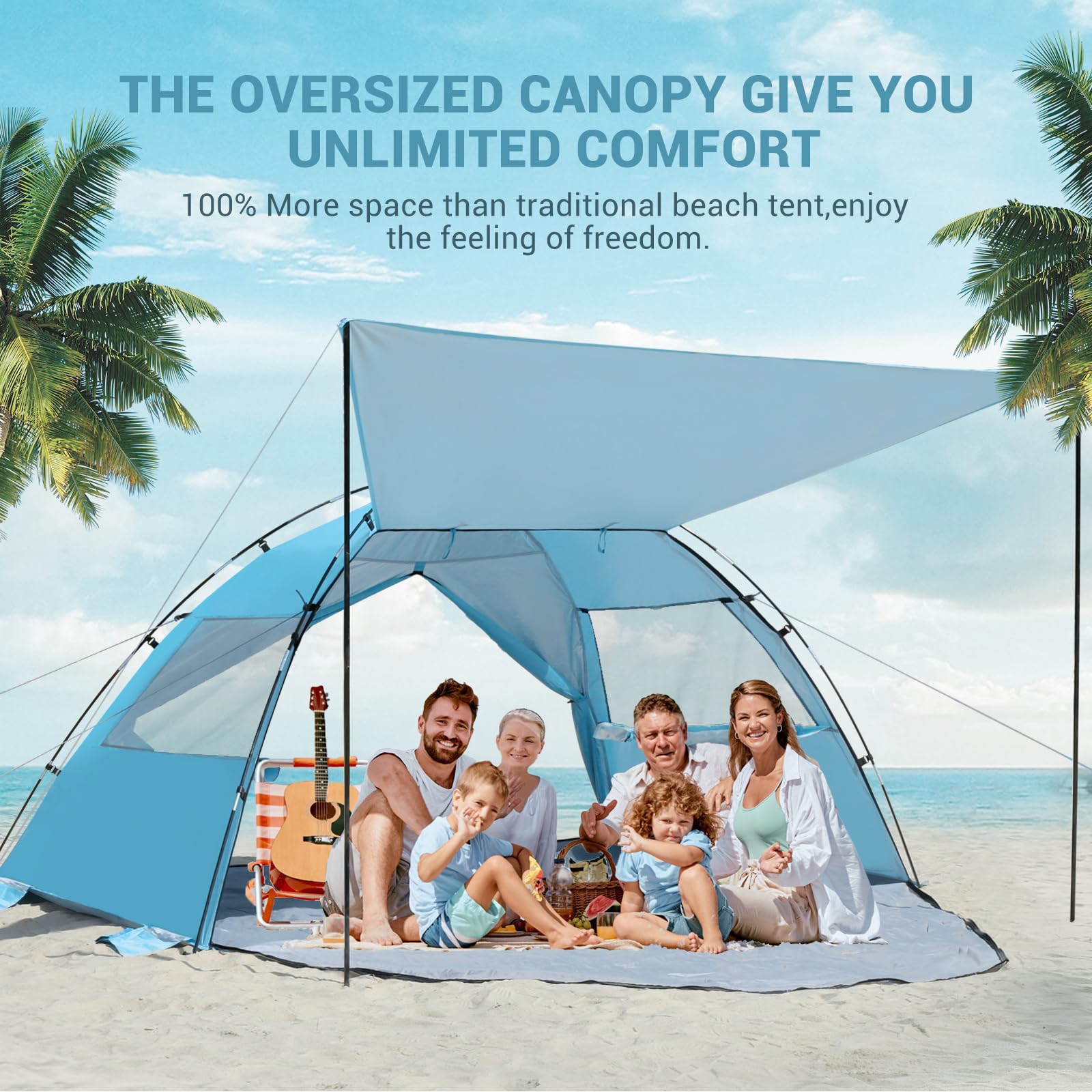 Elegear Namiot Plażowy Dla 6–8 Osób, Namiot Przeciwsłoneczny Z Bardzo Dużym Daszkiem, Ochrona UV UPF 50+, Parasol Plażowy Z Rozkładaną Werandą, Przenośny I Łatwy W Montażu Na Plażę, Niebieski