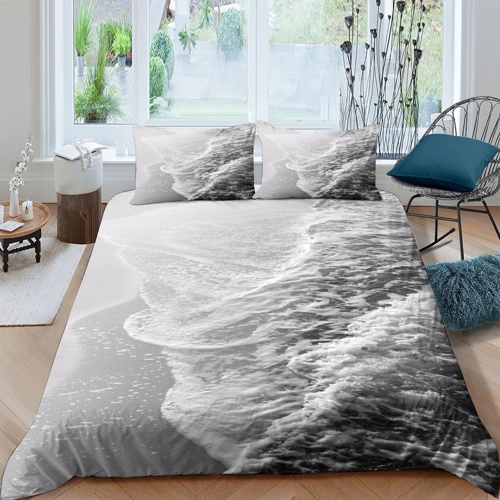 Ctjqhvkz Style-3 3D Printed Ocean Wave Fitted Sheet Microfiber Soft Breathable Black White Coast Bed Cover Bedroom Decor Single（135X200cm）