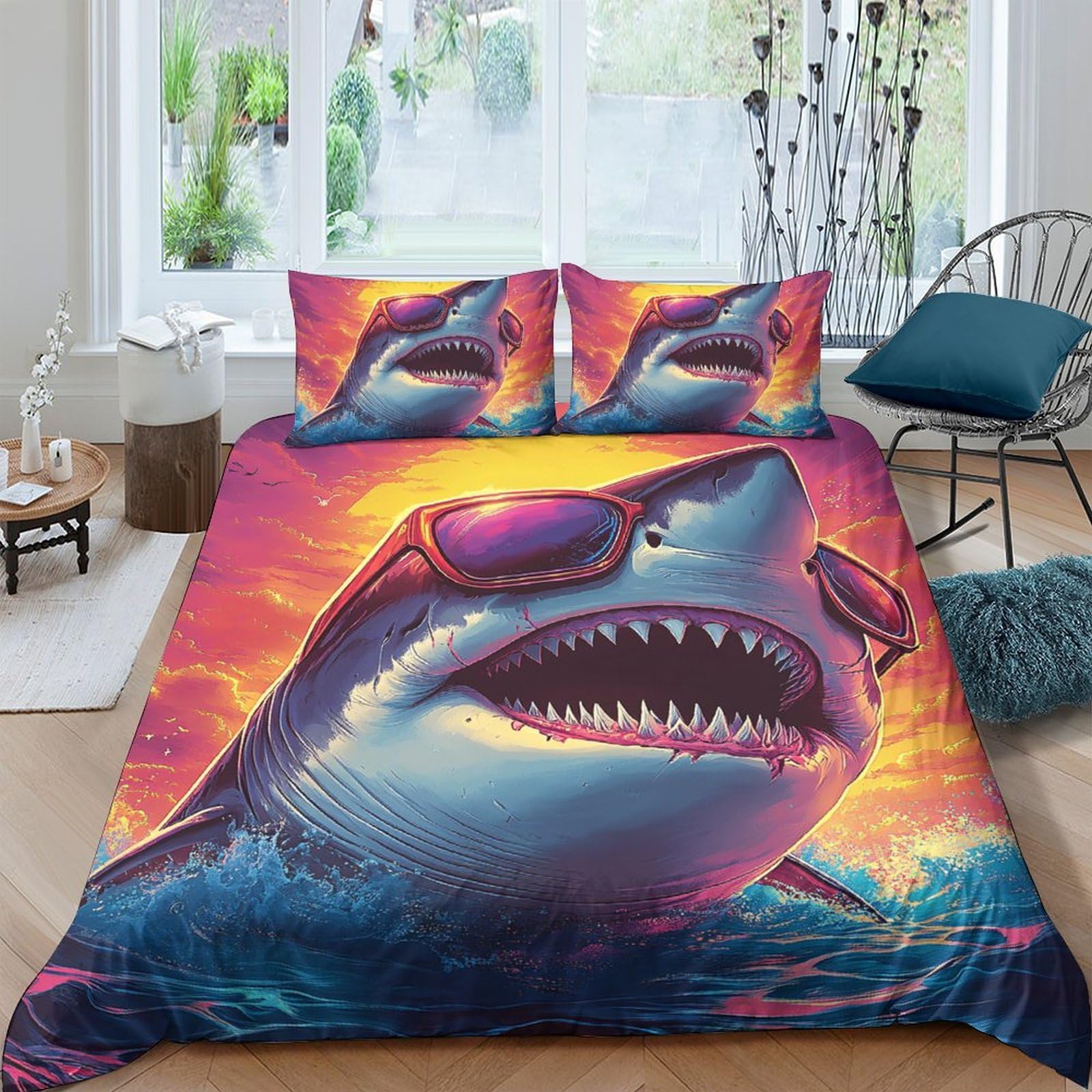 Ctjqhvkz Style-5 3D Printed Sunset Shark Fitted Sheet Microfiber Vibrant Ocean Bed Cover For Bedroom Dorm Mattress Decor Single（135X200cm）