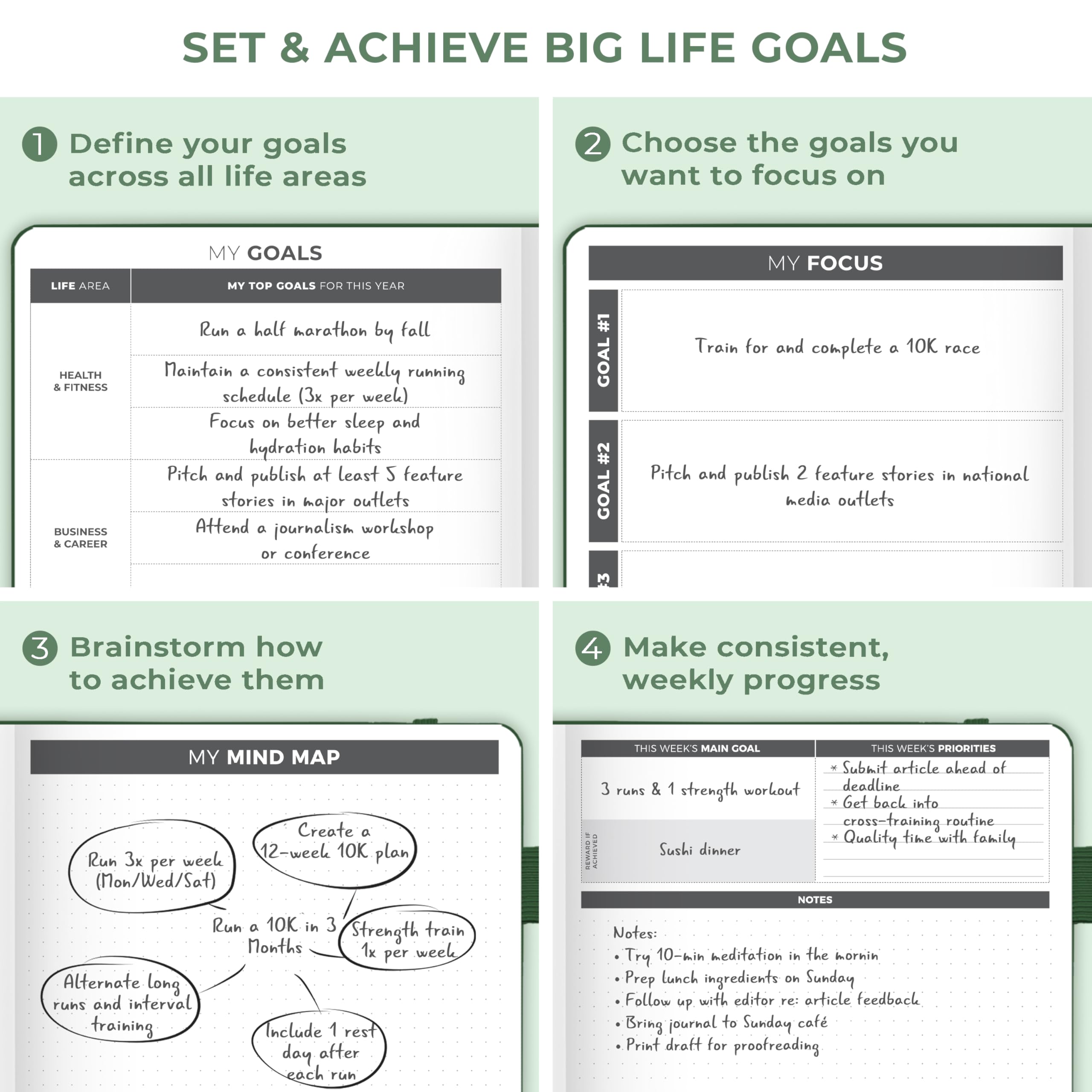 Clever Fox Planner grande – Agenda settimanale e mensile non datata per produttività, gestione del tempo e obiettivi – Diario organizer – 17,8 x 25,4 cm (verde foresta)
