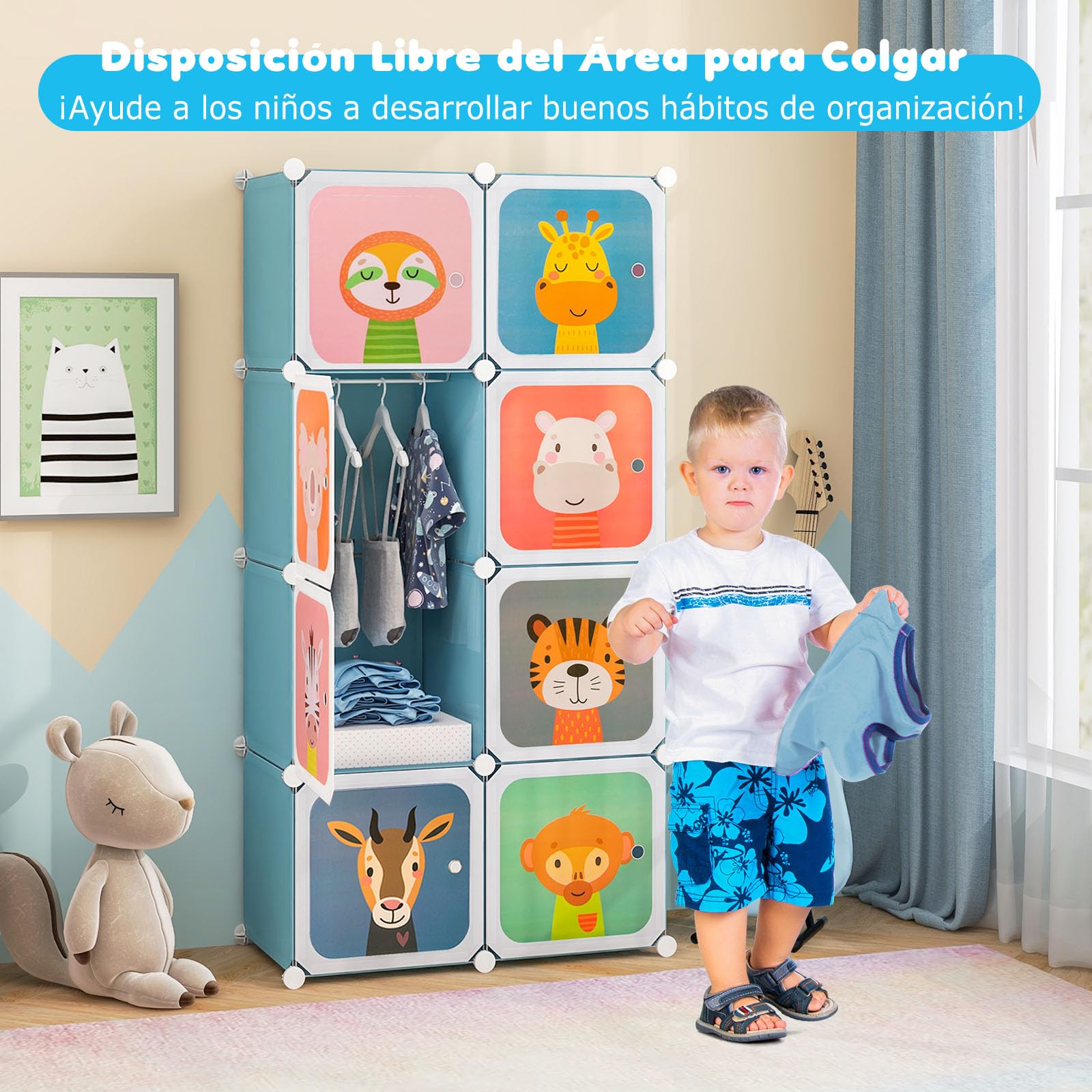 GOPLUS Armario Modular Infantil 8 Cubos Plásticos 35×35 cm Almacenaje Juguetes Barra Suspensión 75x35x145 cm Azul