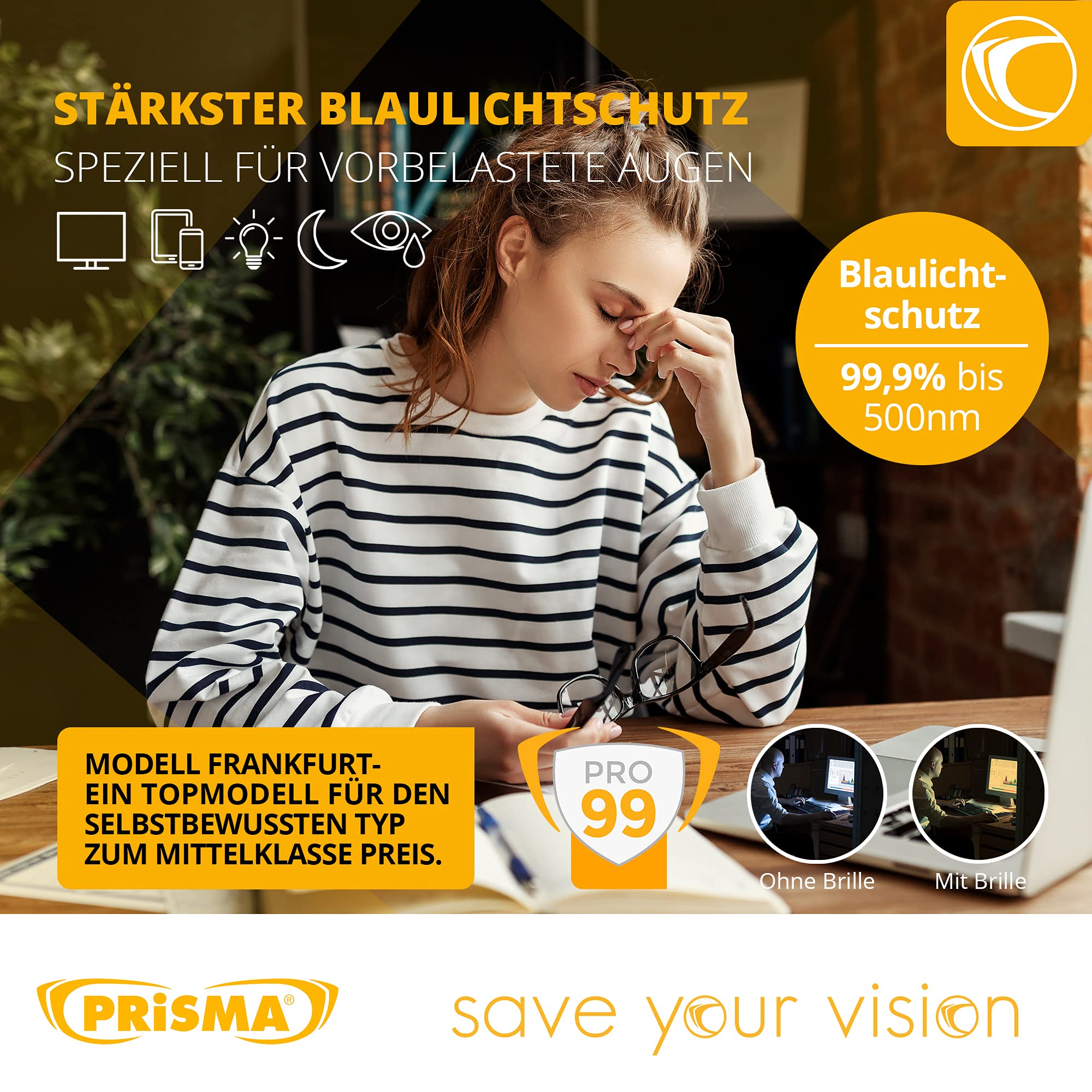 PRiSMA FRANKFURT PRO99 Blaulichtfilter-Brille FF709, Brille mit Blaufilter, Bildschirmbrille für Damen und Herren